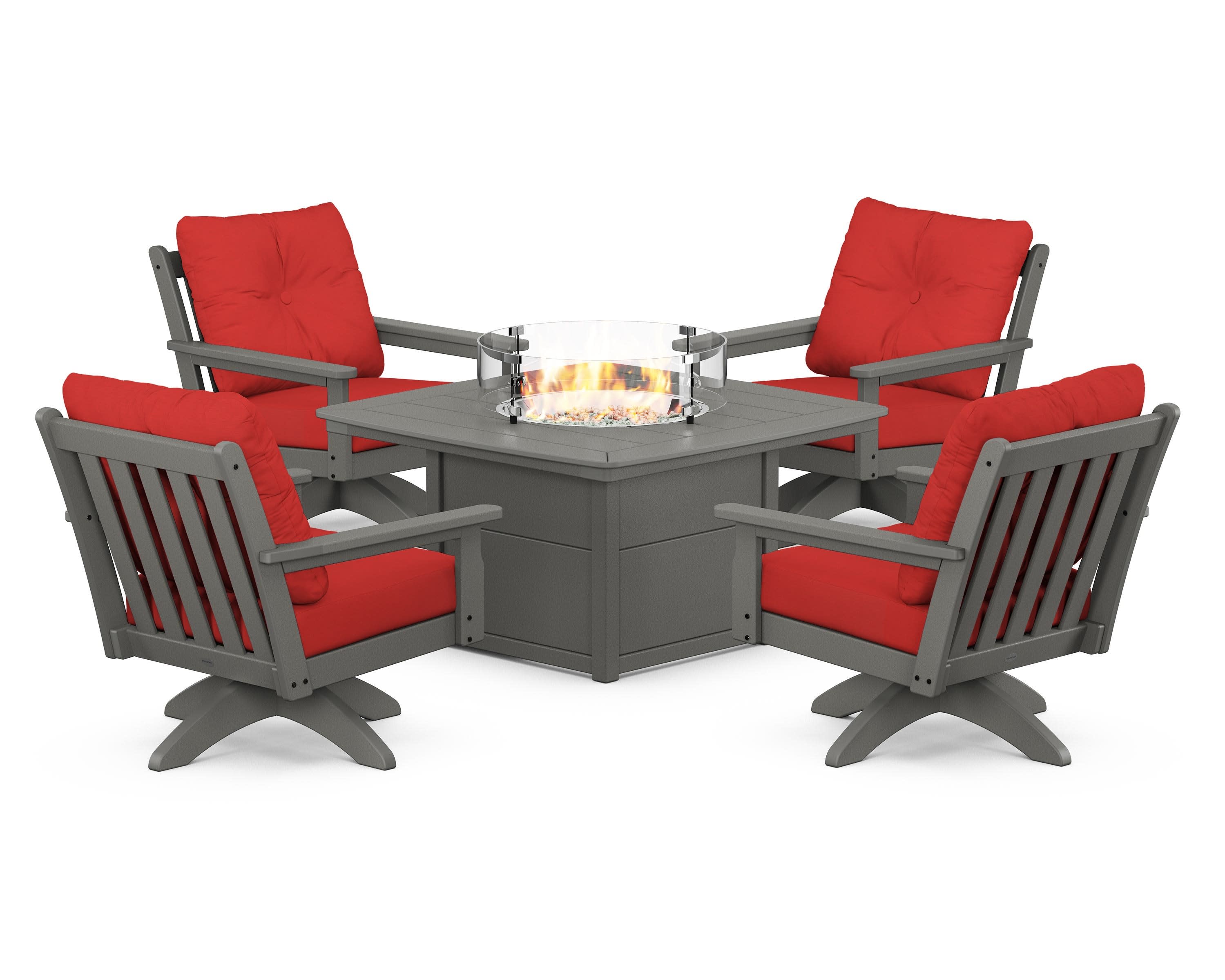 Vineyard 5-Piece Deep Seating Swivel Conversation Set with Fire Pit Table in Slate Grey / Crimson Linen