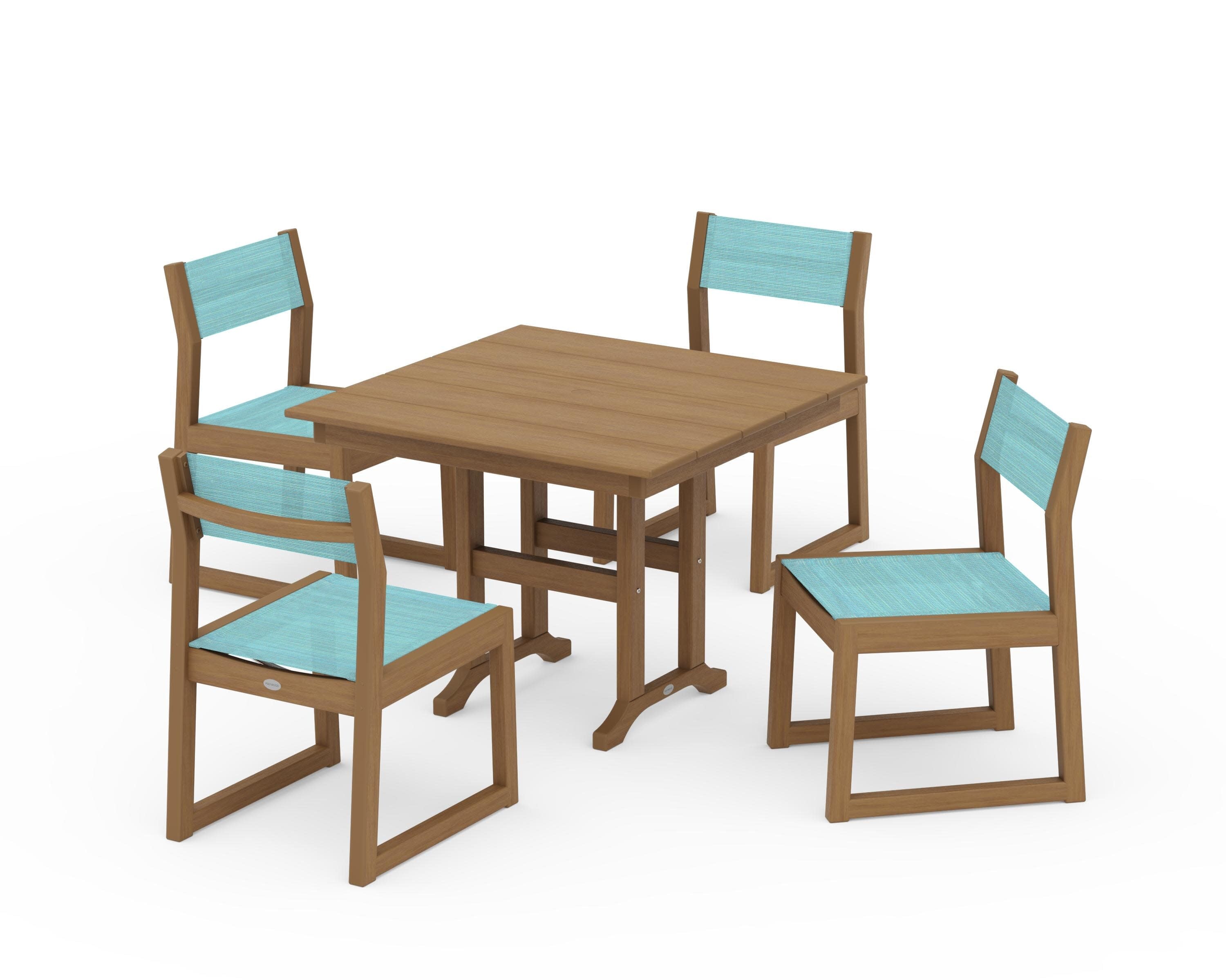 EDGE Sling Side Chair 5-Piece Farmhouse Dining Set in Natural / Dupioni Aquamarine Sling