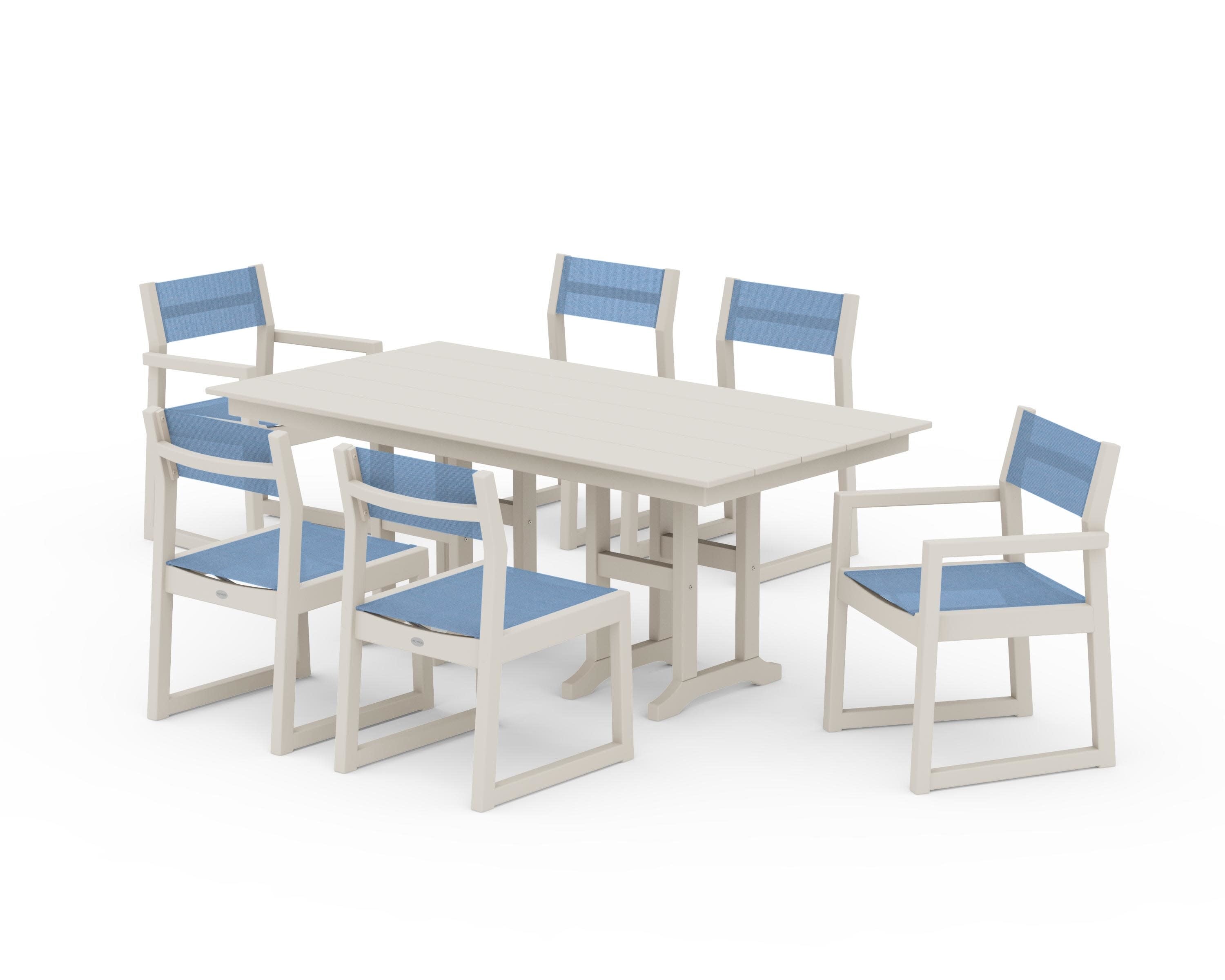 EDGE Sling 7-Piece Farmhouse Dining Set in Sand / Poolside Sling