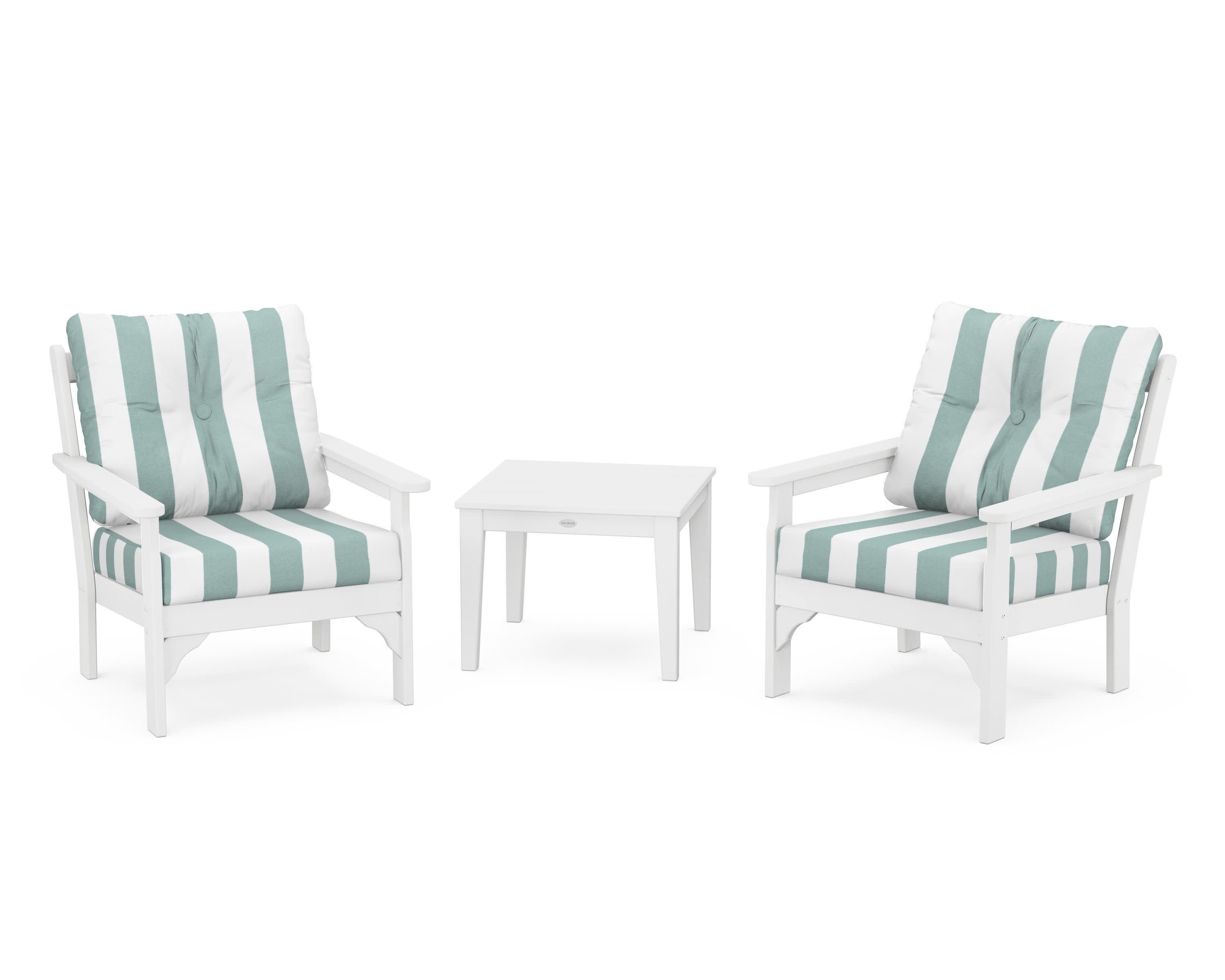 Vineyard 3-Piece Deep Seating Set in White / Cabana Stripe Glacier Spa