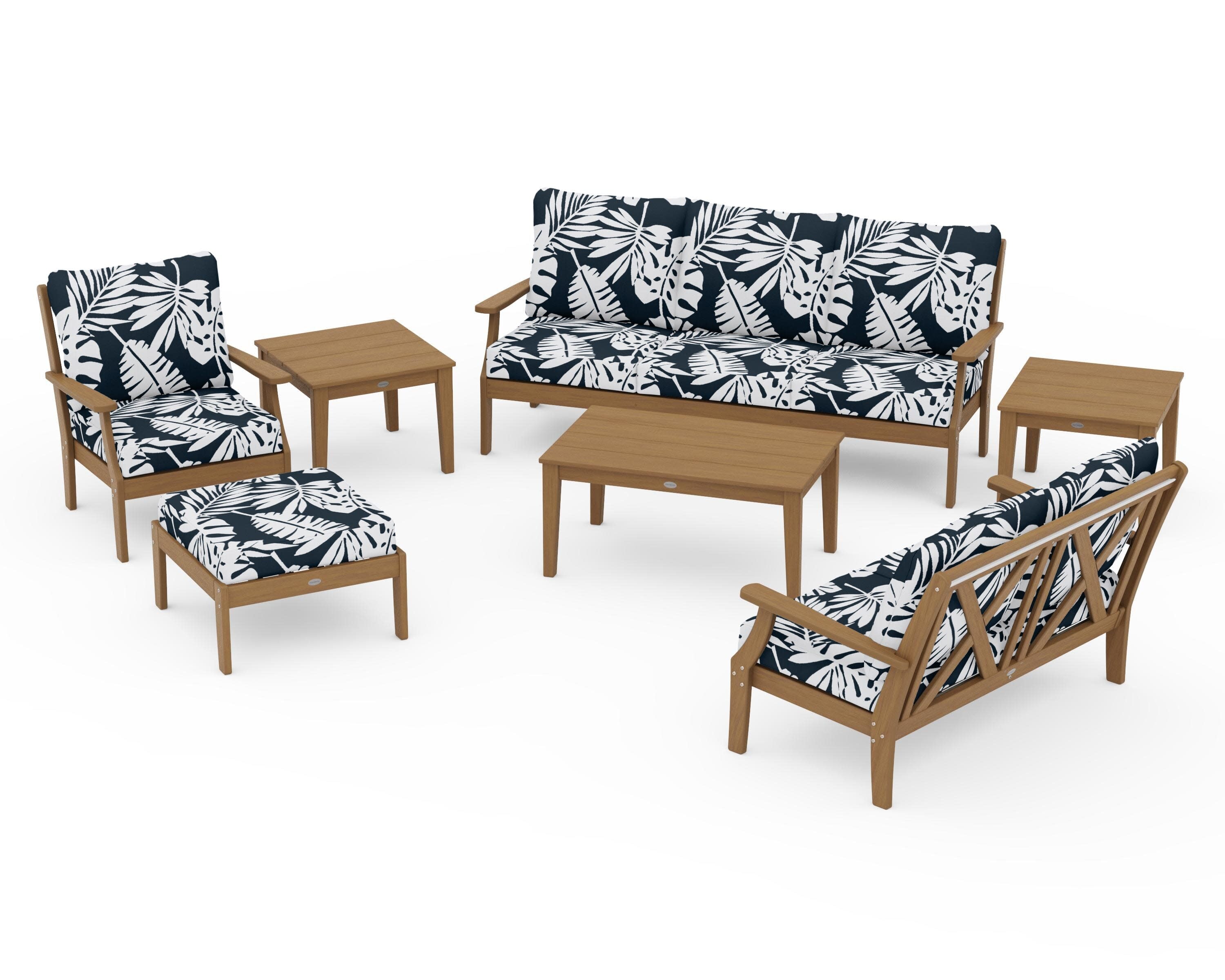 Braxton 7-Piece Deep Seating Set in Natural / Leaf Marine Indigo