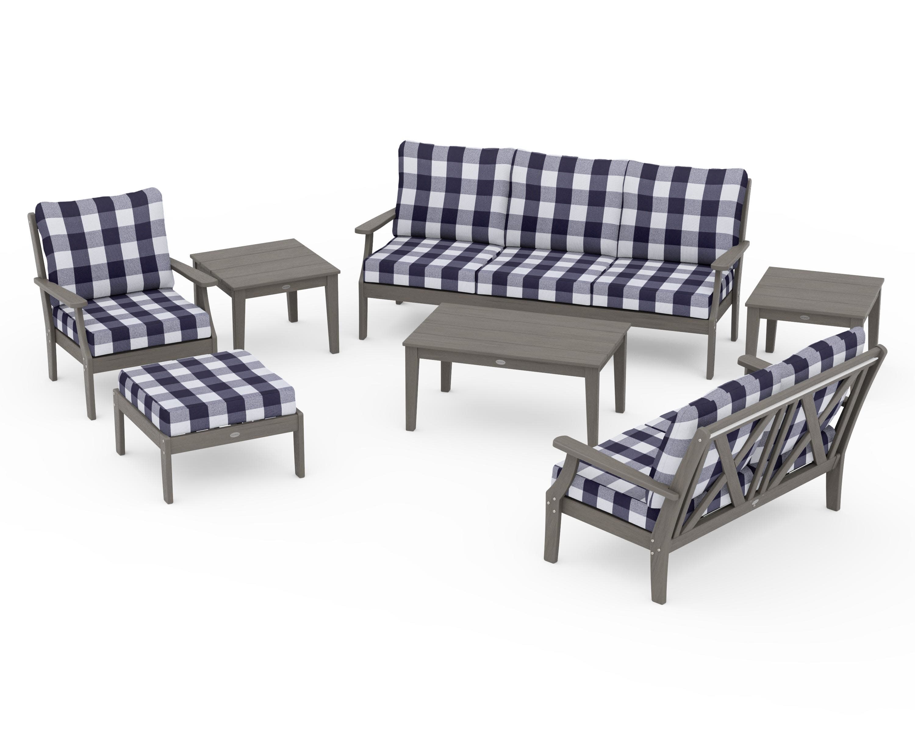 Braxton 7-Piece Deep Seating Set in Driftwood / Buffalo Plaid Navy
