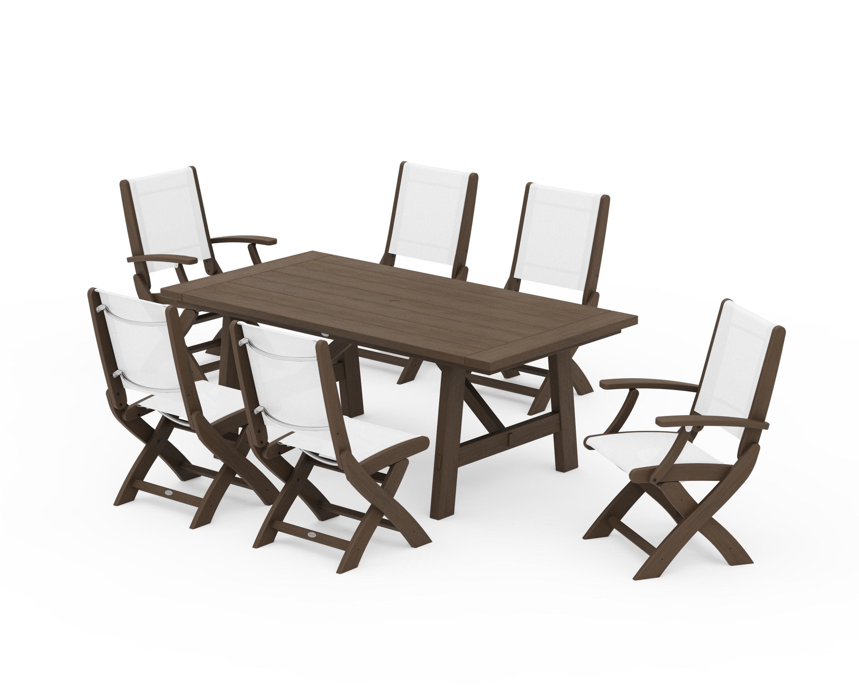 Coastal Folding Chair 7-Piece Rustic Farmhouse Dining Set in Kona / White Sling