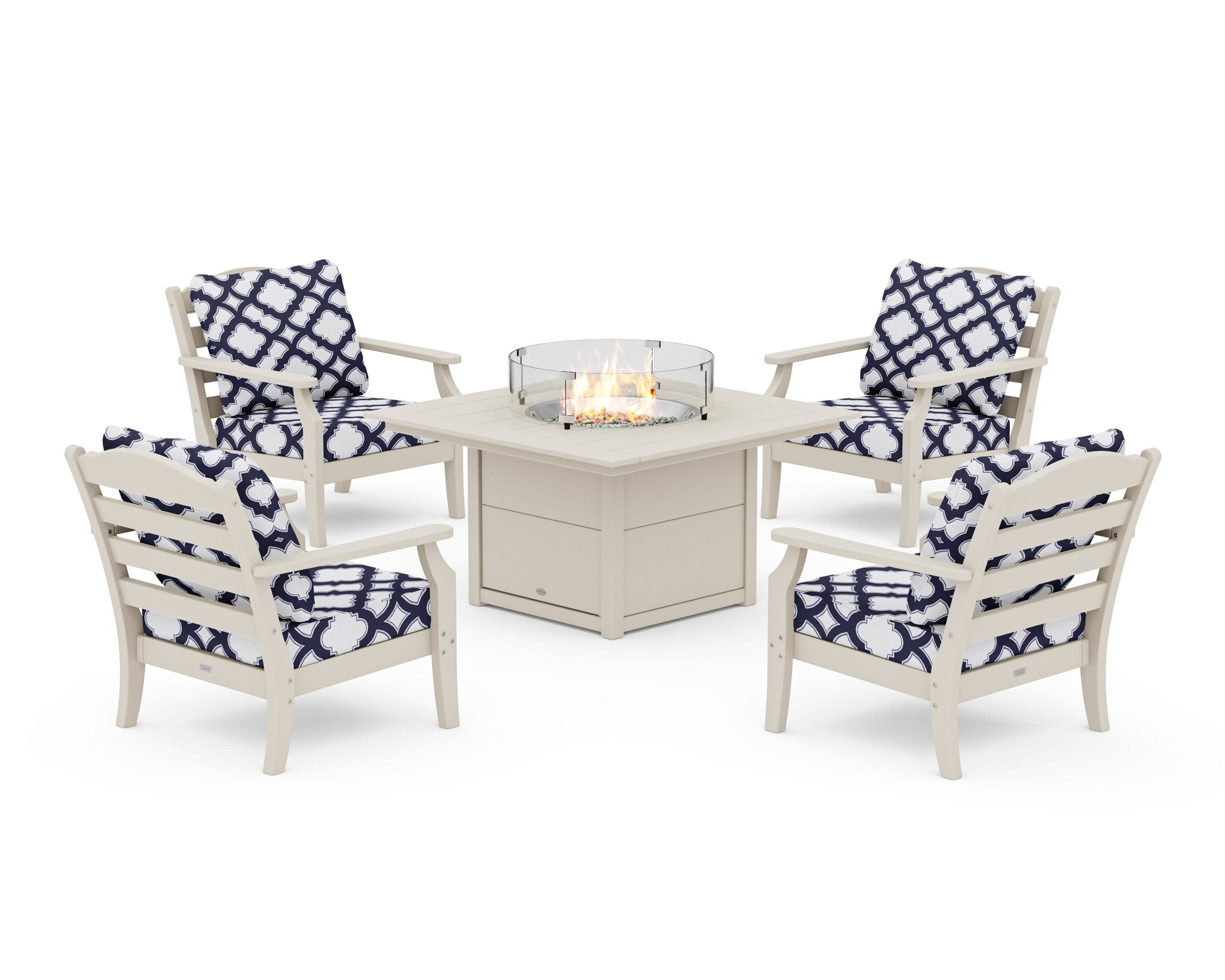 Savannah 5-Piece Deep Seating Set with Fire Pit Table in Sand / Trellis Navy