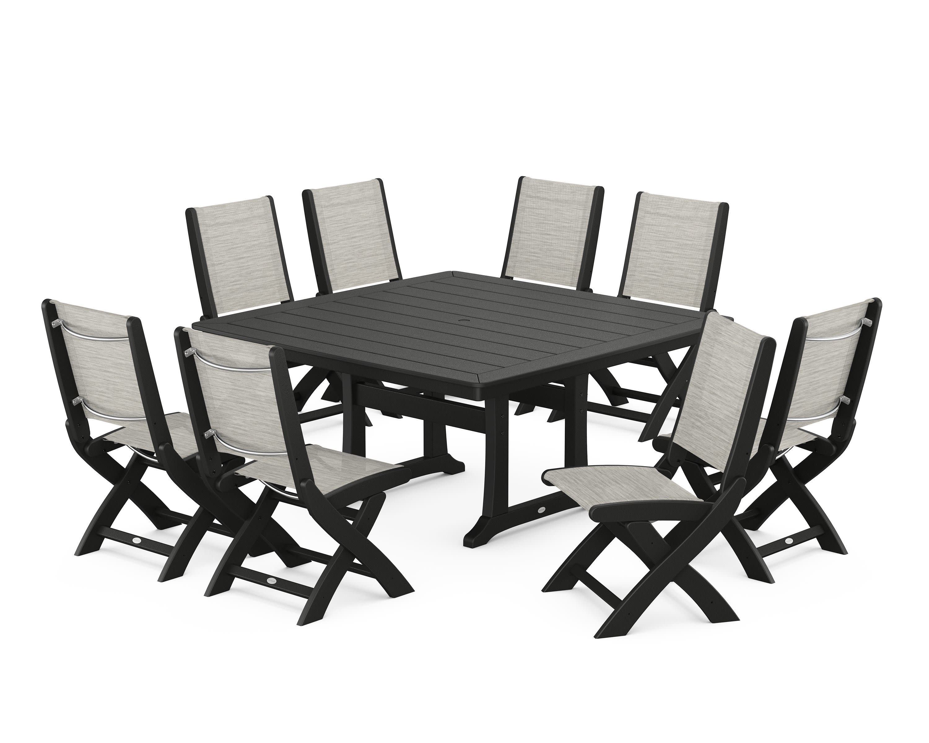 Coastal Folding Side Chair 9-Piece Dining Set with Trestle Legs in Black / Birch Sling
