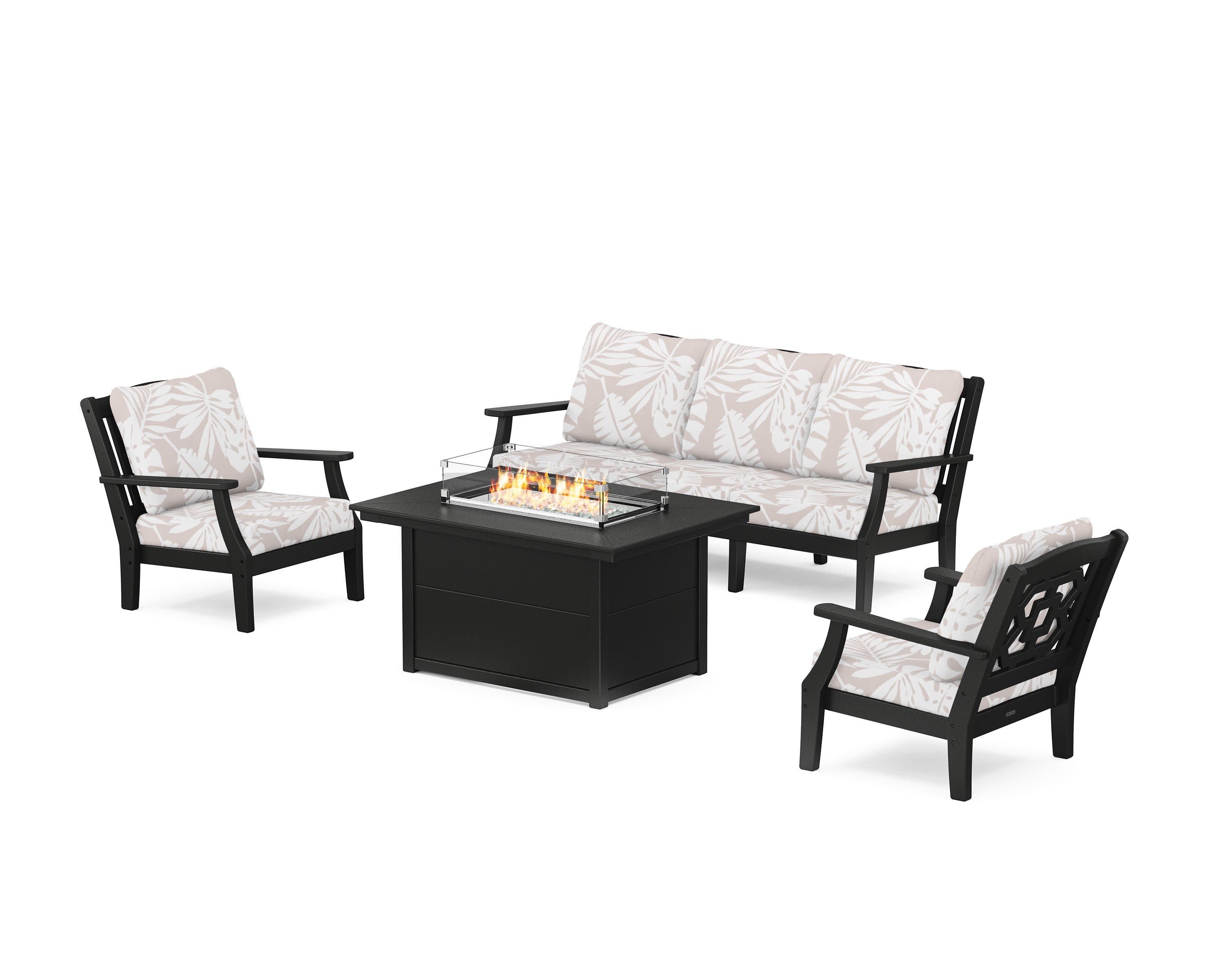 Chinoiserie Deep Seating Fire Pit Table Set in Black / Leaf Dune Burlap