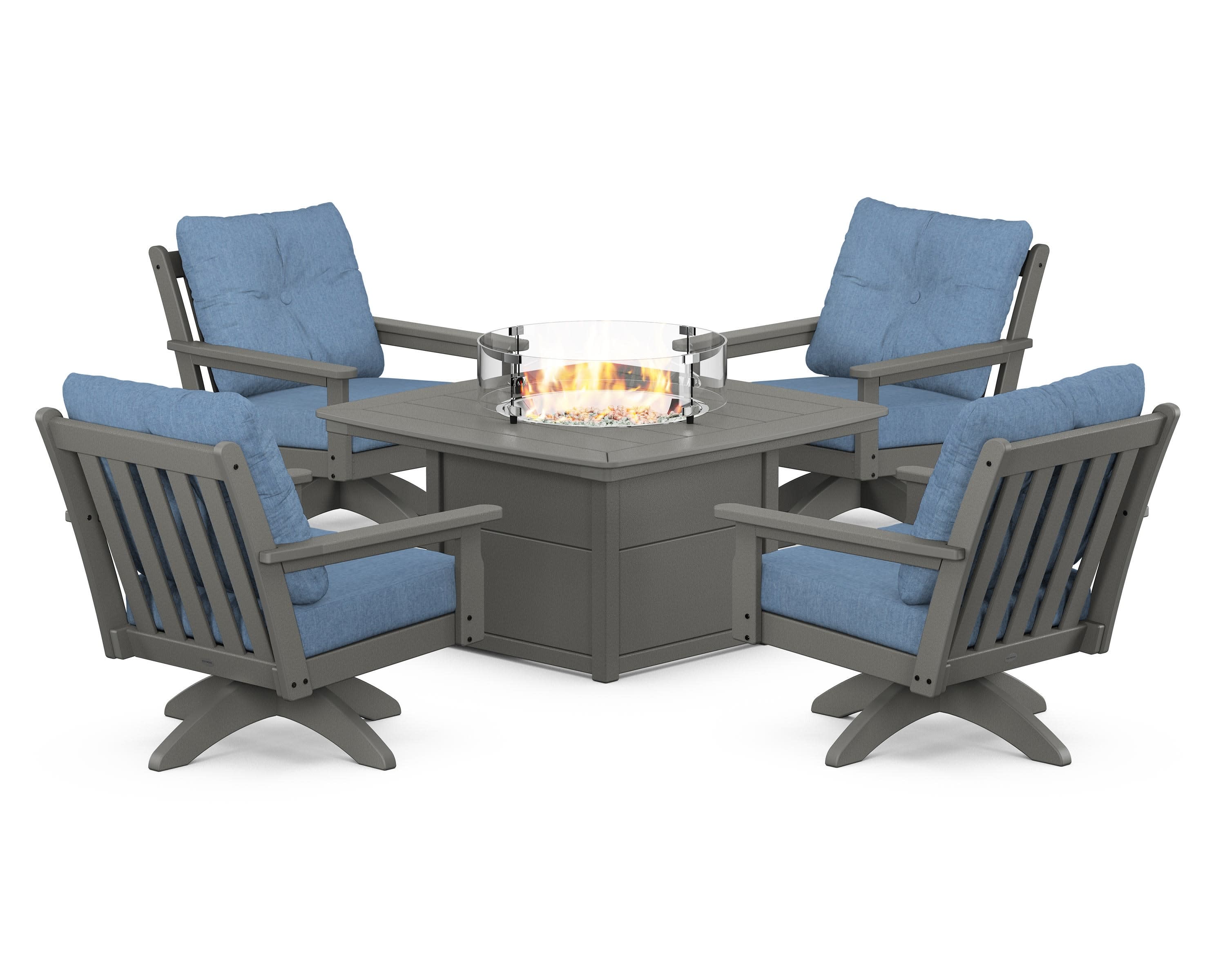 Vineyard 5-Piece Deep Seating Swivel Conversation Set with Fire Pit Table in Slate Grey / Sky Blue