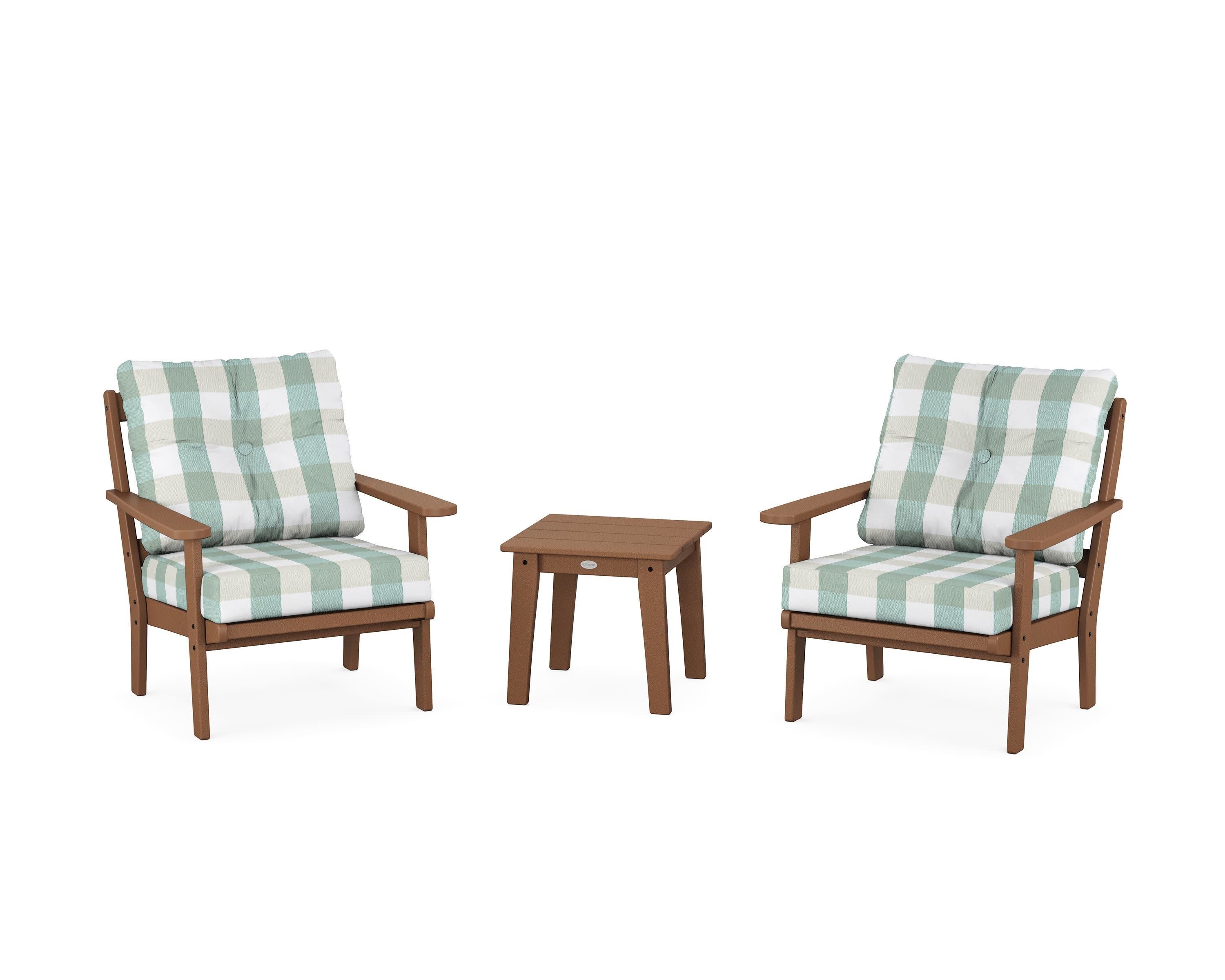 Mission 3-Piece Deep Seating Set in Teak / Buffalo Plaid Glacier Spa