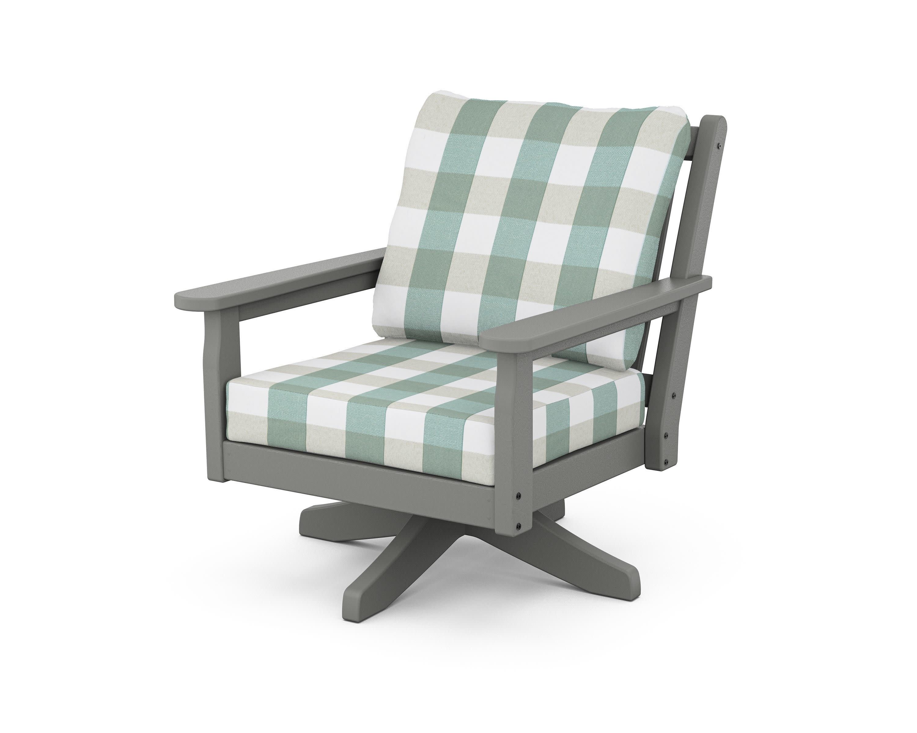 Chippendale Deep Seating Swivel Chair in Slate Grey / Buffalo Plaid Glacier Spa