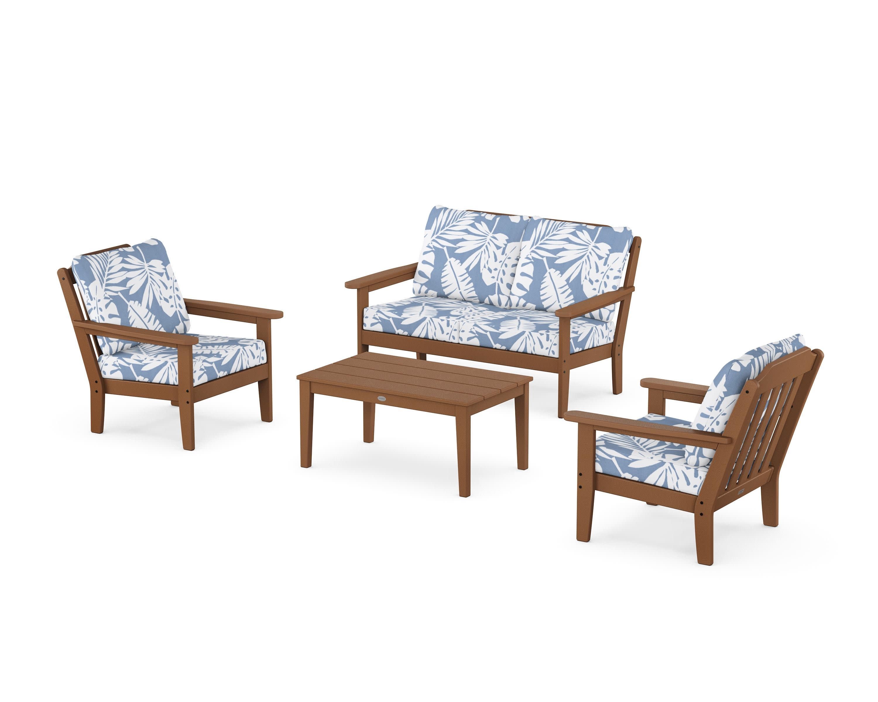 Cottage 4-Piece Deep Seating Set with Loveseat in Teak / Leaf Sky Blue