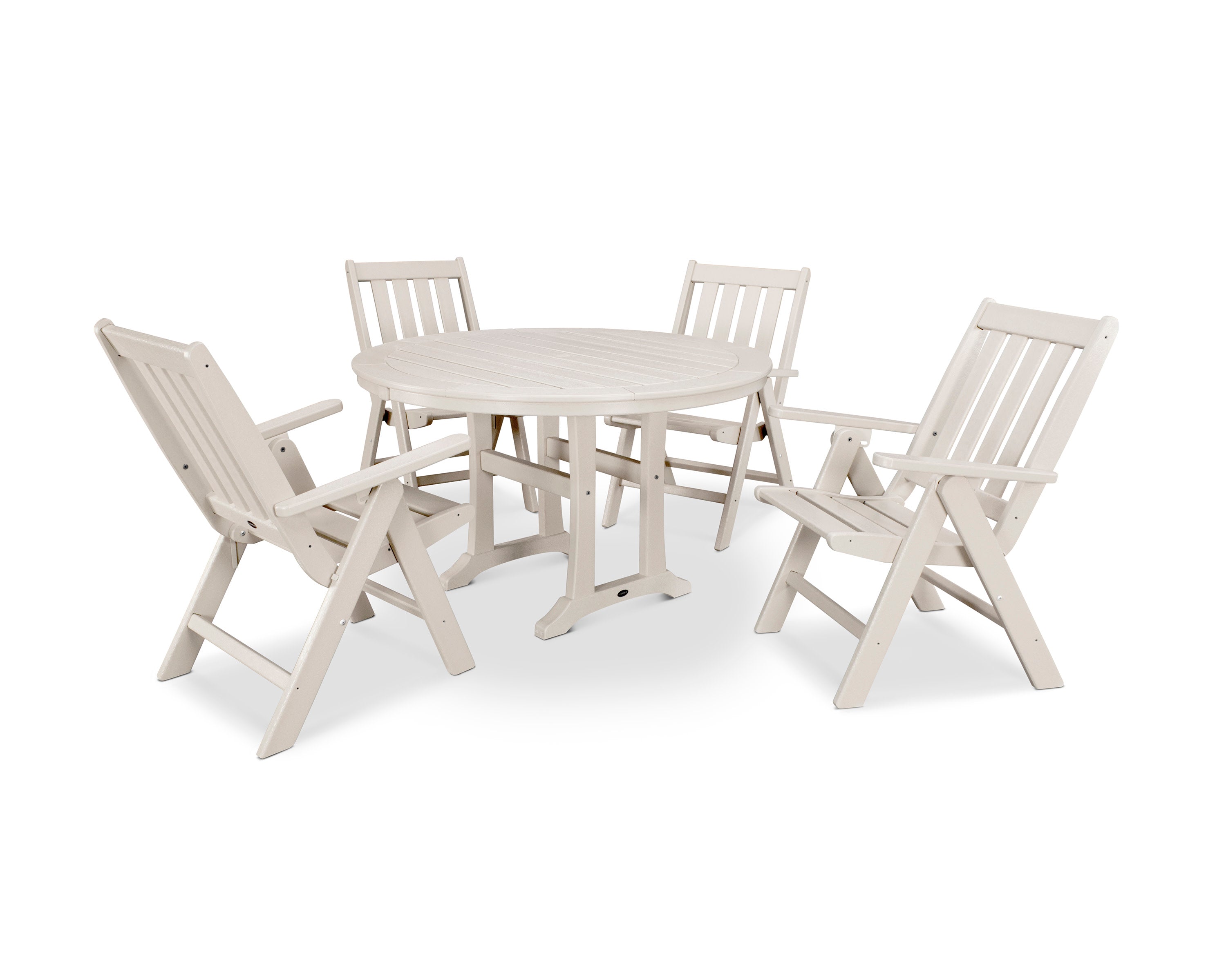 Vineyard Folding Chair 5-Piece Round Dining Set with Trestle Legs in Sand