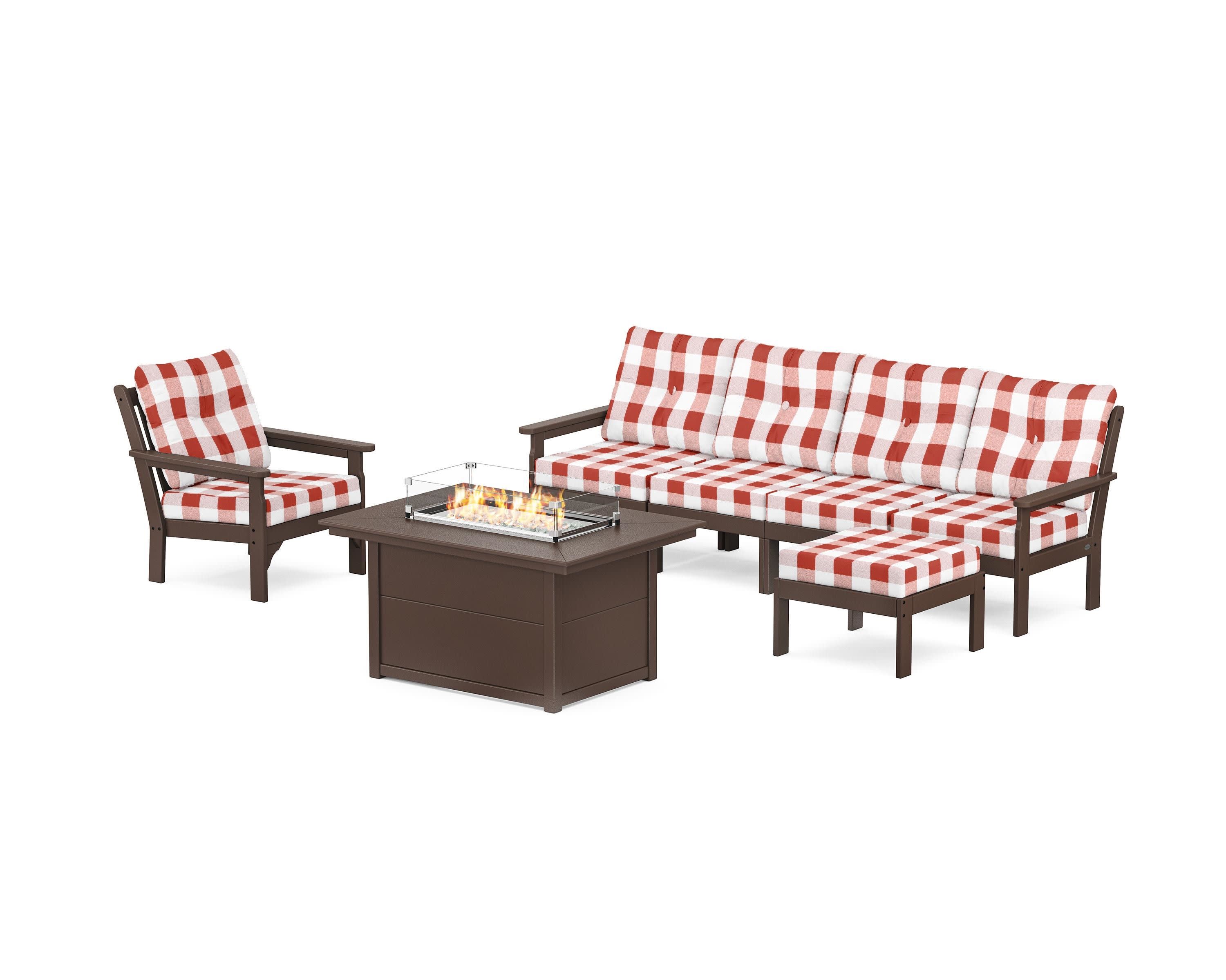 Vineyard Sectional Lounge and Fire Pit Set in Mahogany / Buffalo Plaid Crimson