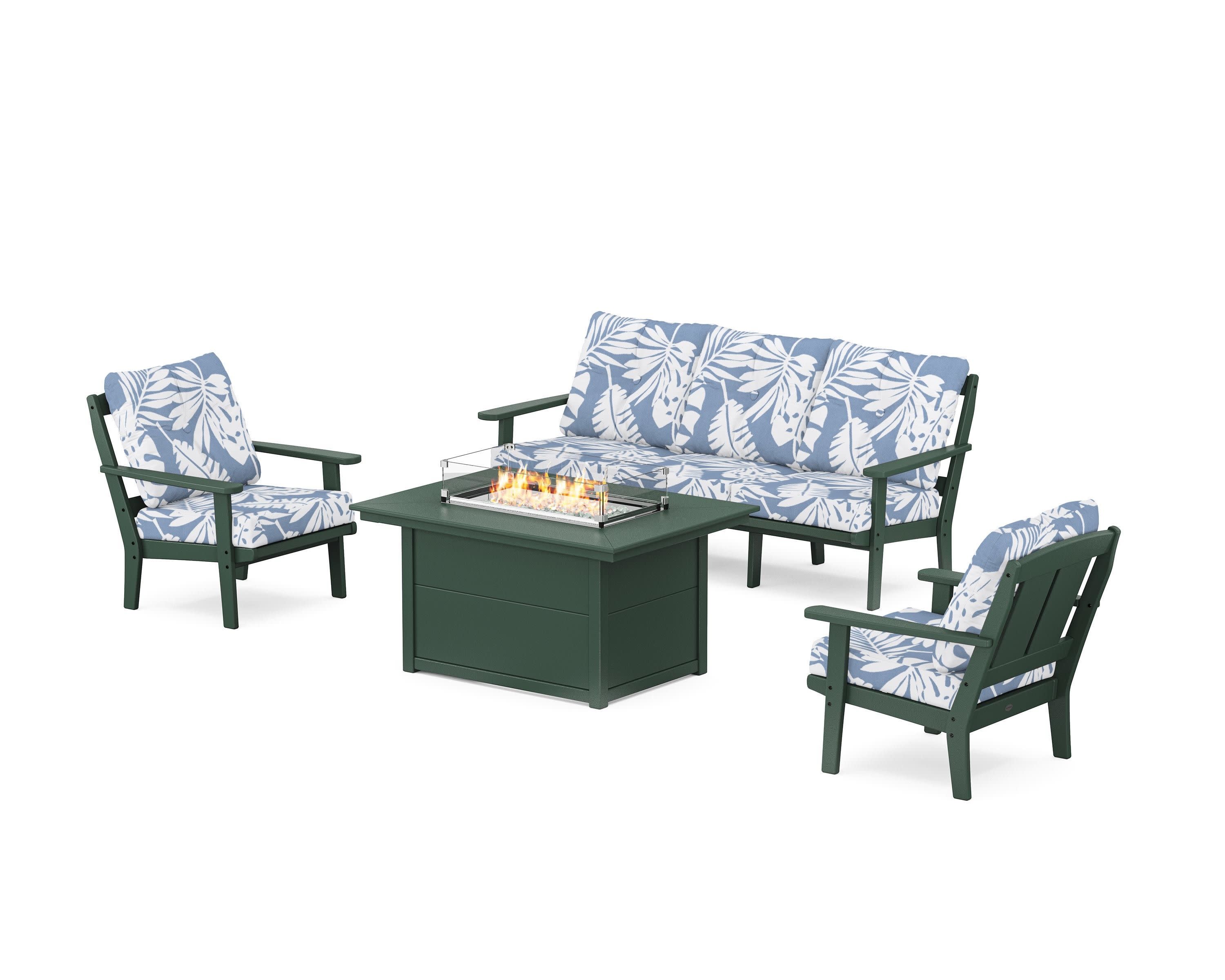 Mission Deep Seating Fire Pit Table Set in Green / Leaf Sky Blue
