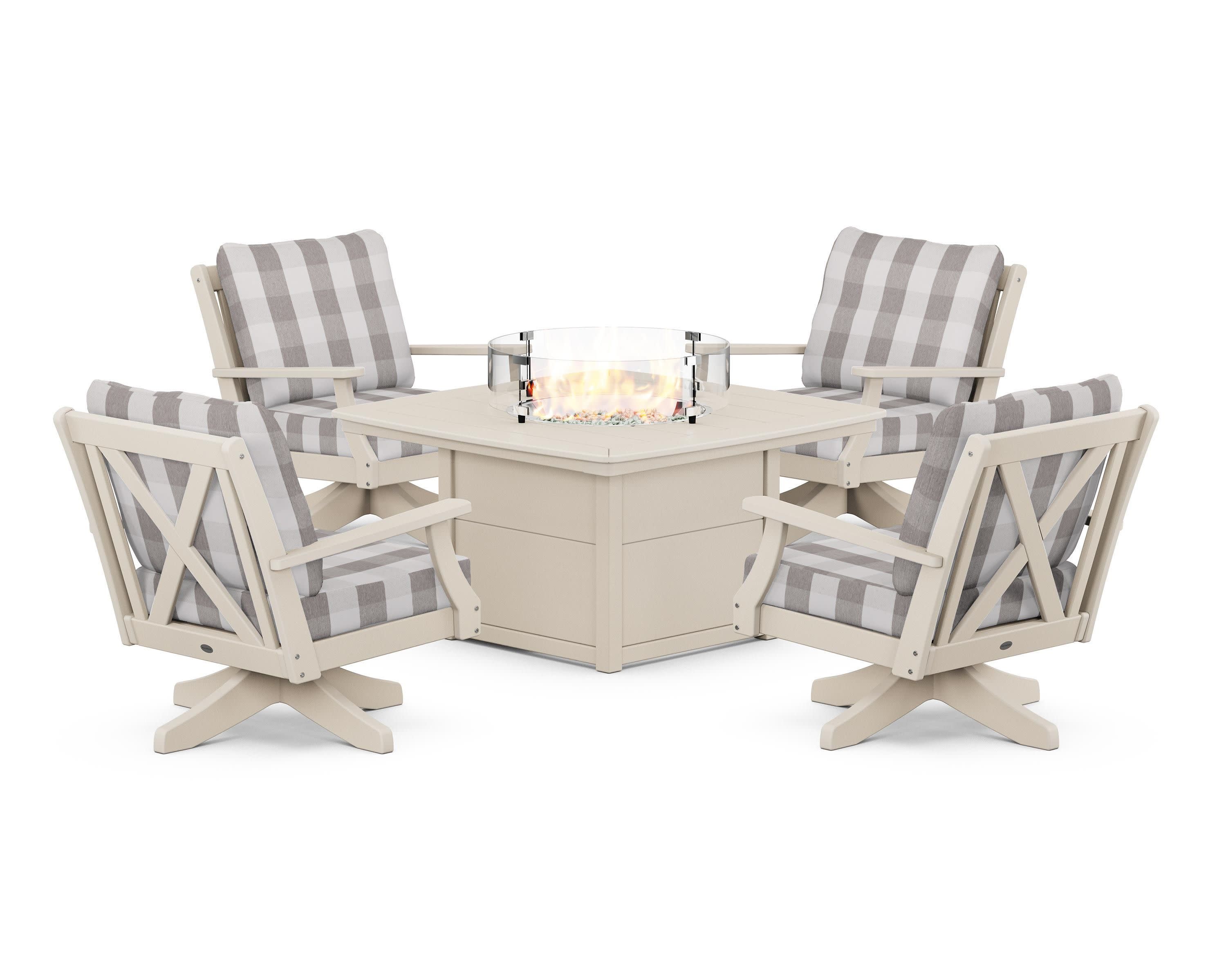 Braxton 5-Piece Deep Seating Swivel Conversation Set with Fire Pit Table in Sand / Buffalo Plaid Grey Mist