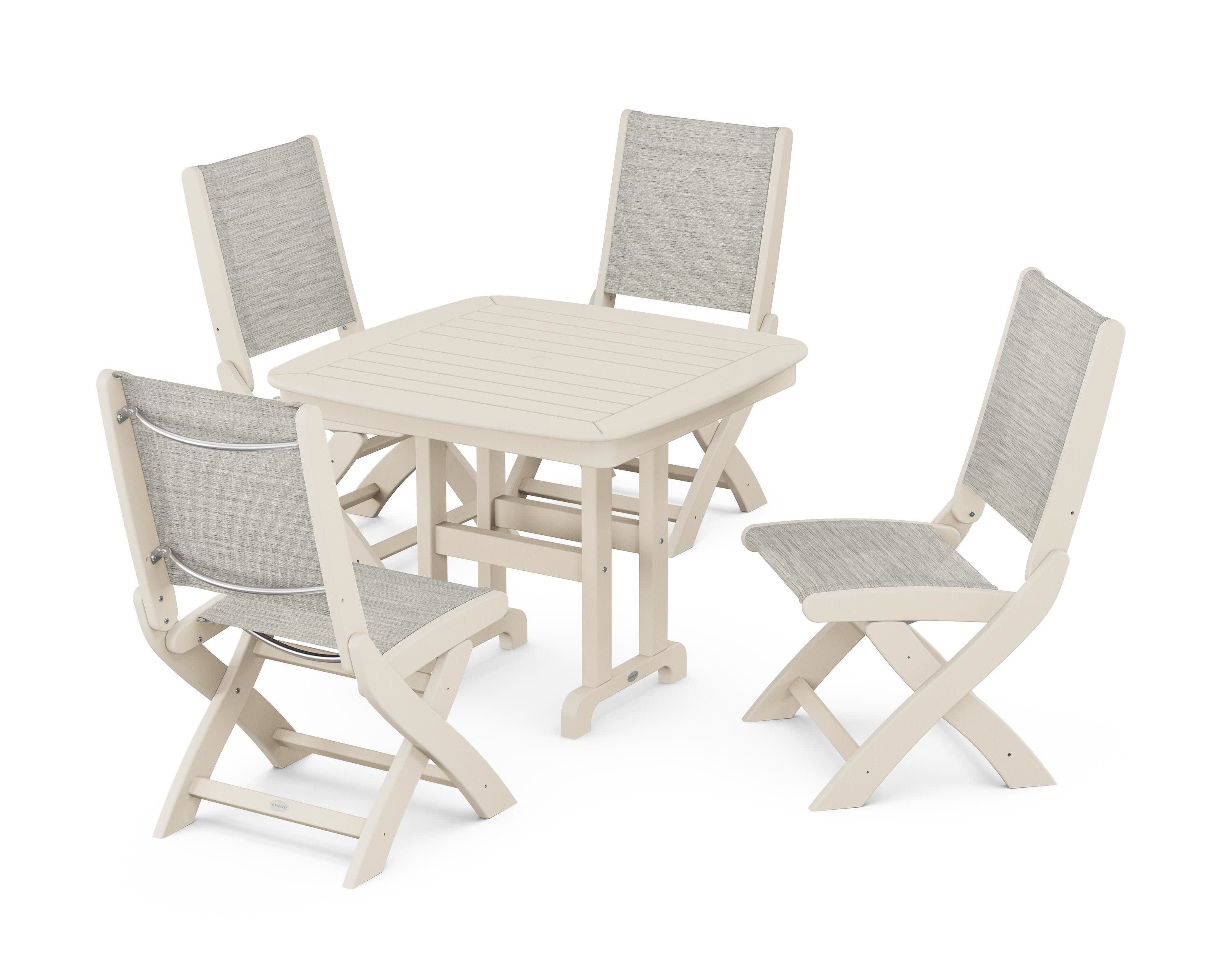 Coastal Folding Side Chair 5-Piece Dining Set in Sand / Birch Sling