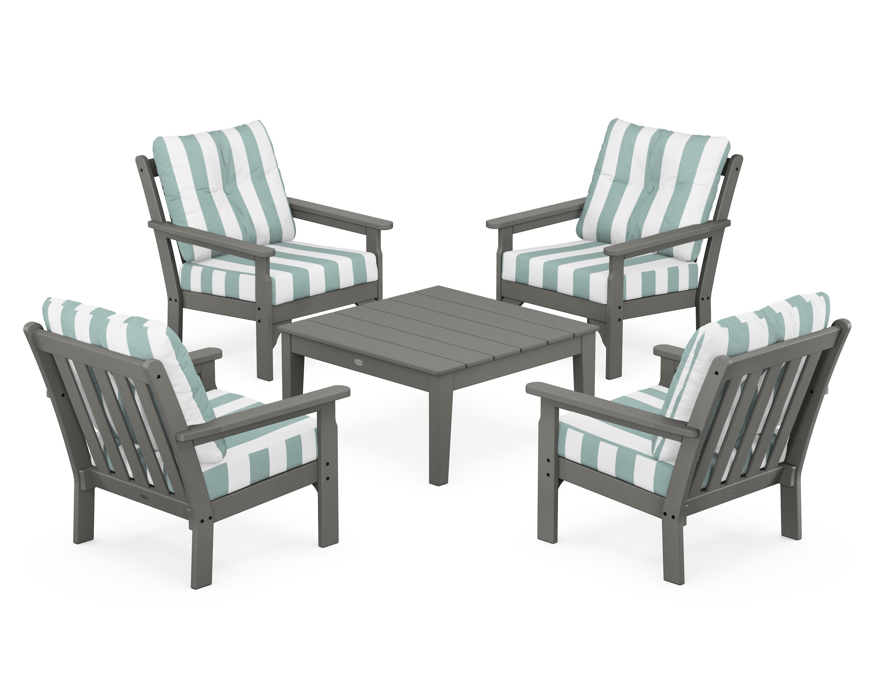 Vineyard 5-Piece Deep Seating Conversation Set in Slate Grey / Cabana Stripe Glacier Spa