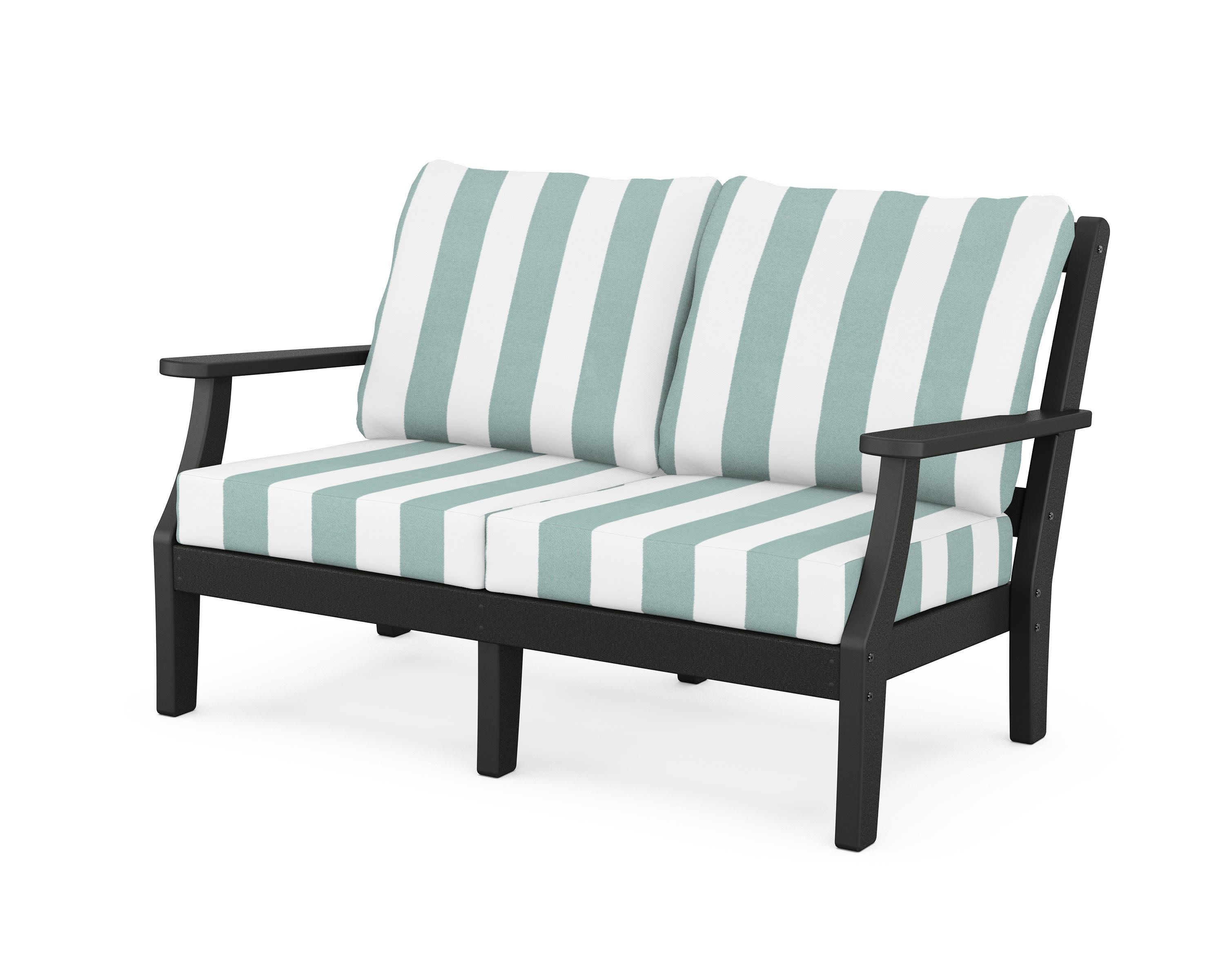 Chinoiserie Deep Seating Loveseat in Black / Cabana Stripe Glacier Spa