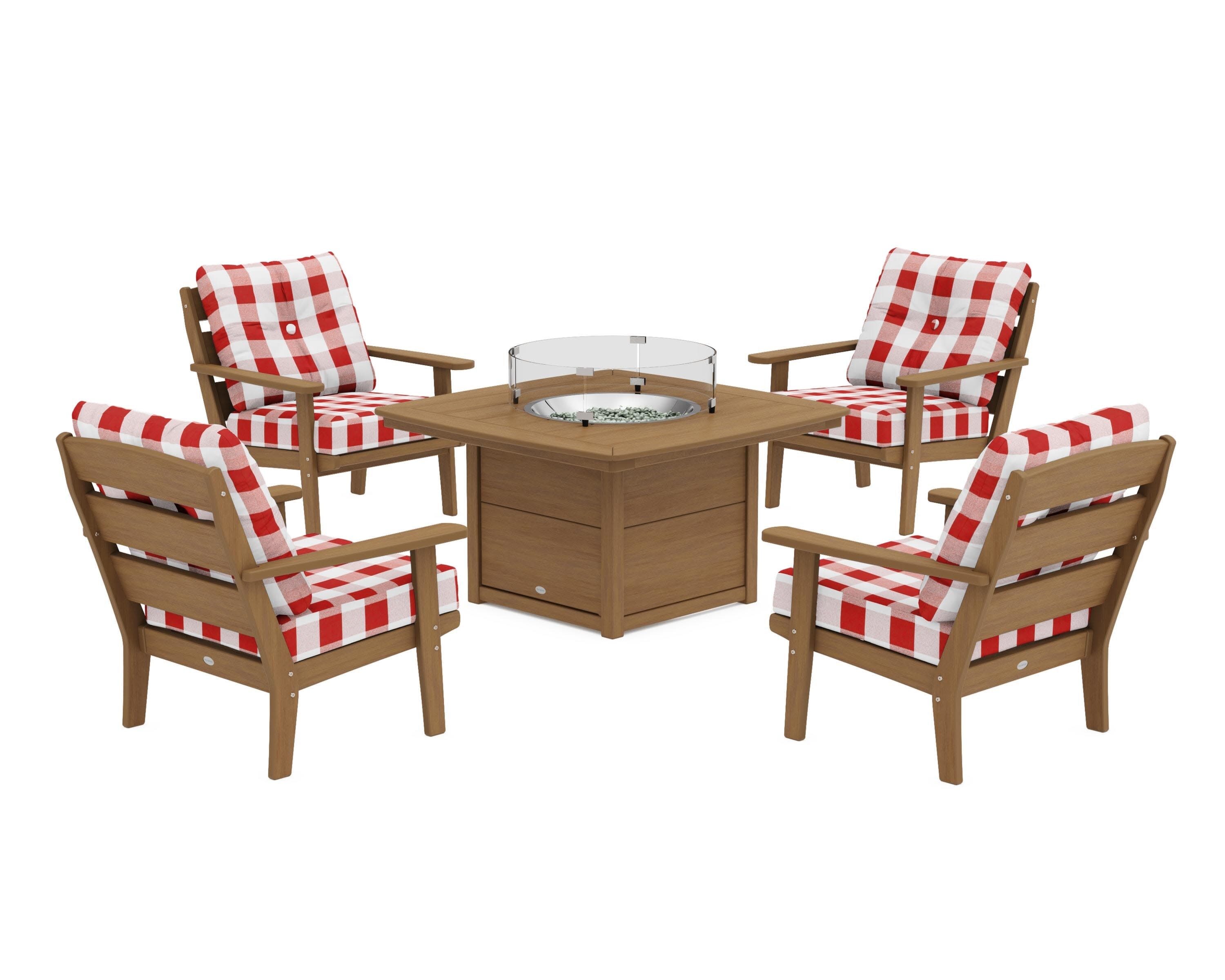 Lakeside 5-Piece Deep Seating Set with Nautical Fire Pit Table in Natural / Buffalo Plaid Crimson