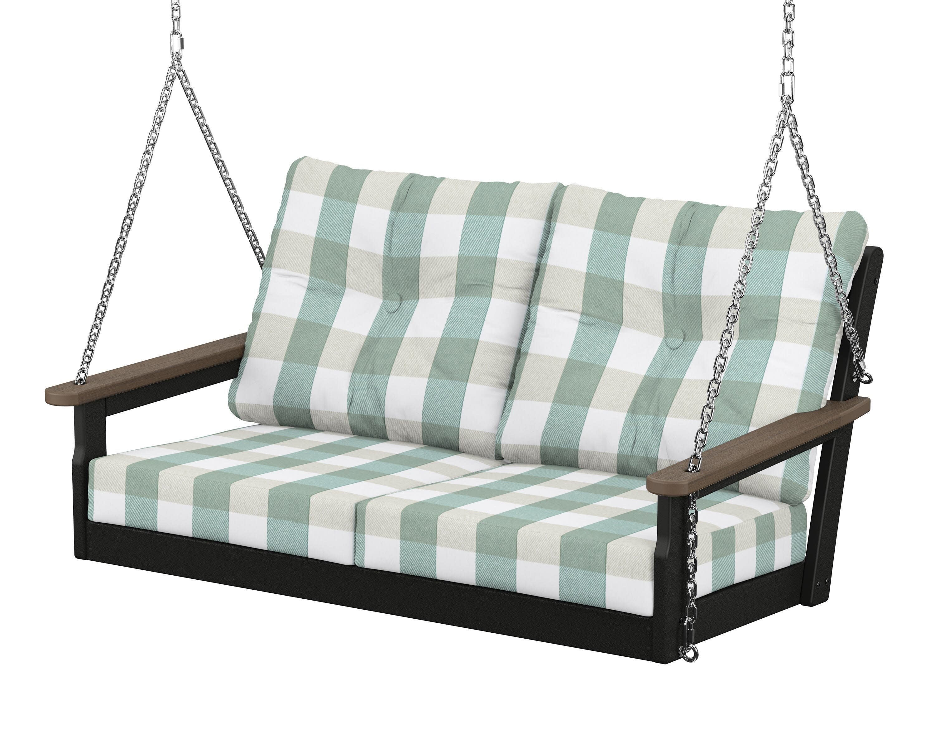 Vineyard Deep Seating Swing in Black / Kona / Buffalo Plaid Glacier Spa