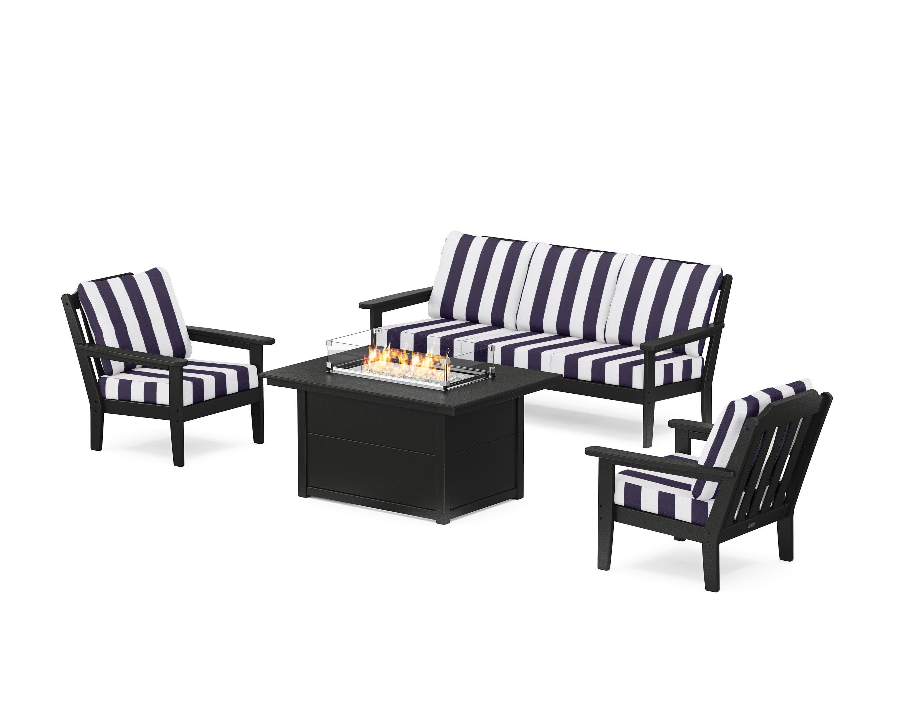 Cottage Deep Seating Fire Pit Table Set in Black / Cabana Stripe Navy
