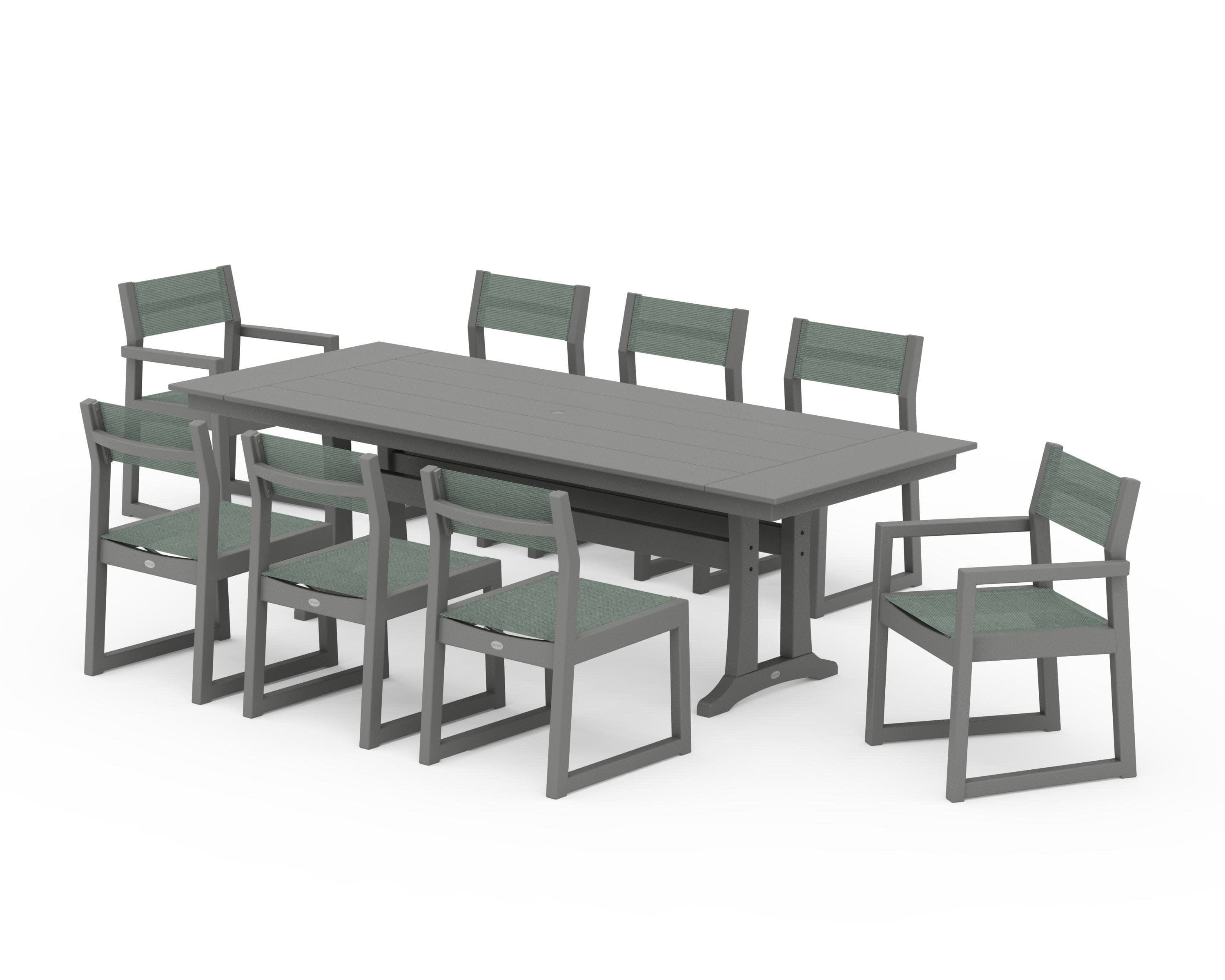 EDGE Sling 9-Piece Farmhouse Trestle Dining Set in Slate Grey / Dupioni Sea Mist Sling