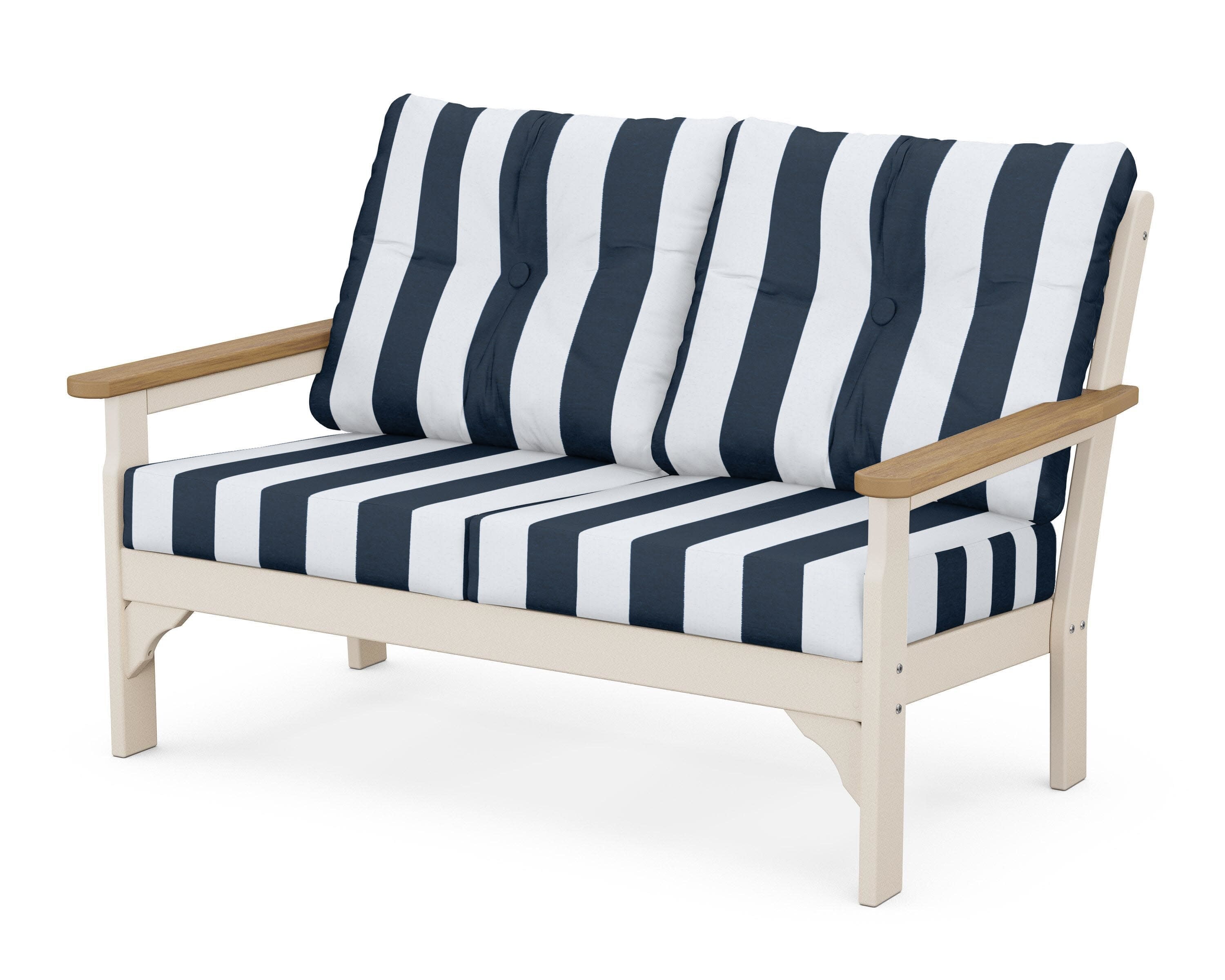 Vineyard Deep Seating Loveseat in Sand / Natural / Cabana Stripe Marine Indigo