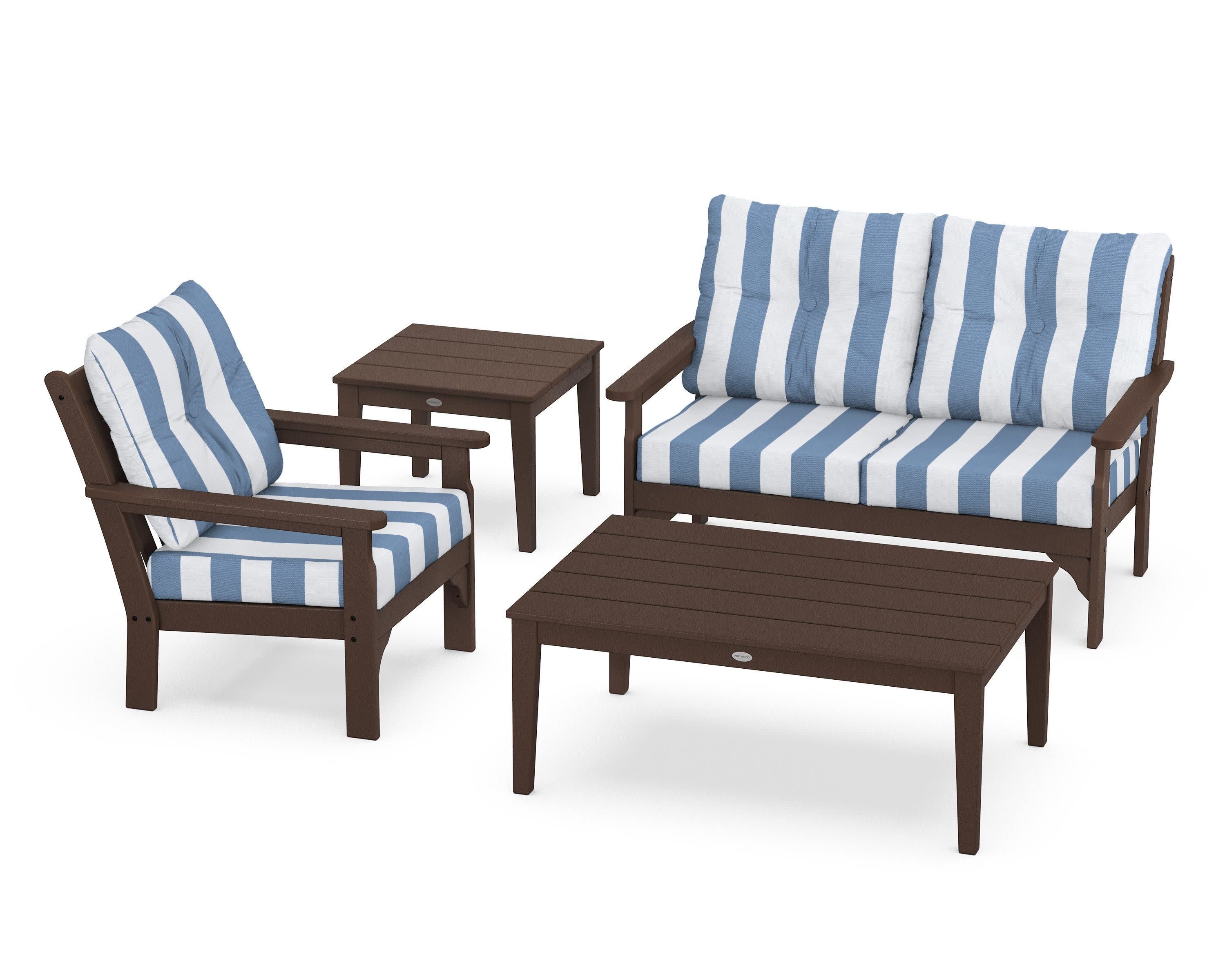 Vineyard 4-Piece Deep Seating Set in Mahogany / Cabana Stripe Sky Blue