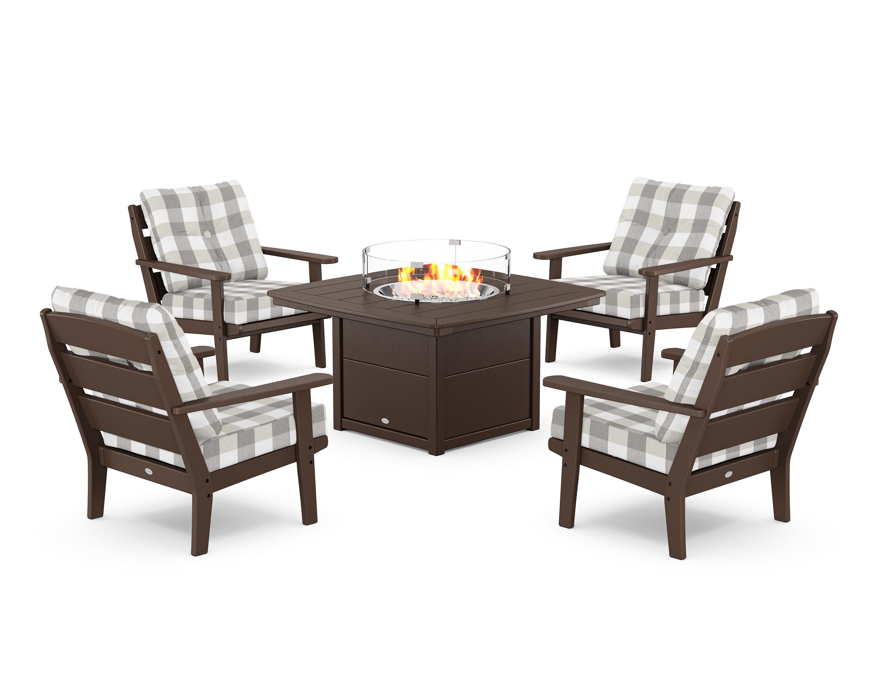 Lakeside 5-Piece Deep Seating Set with Nautical Fire Pit Table in Mahogany / Buffalo Plaid Grey Mist