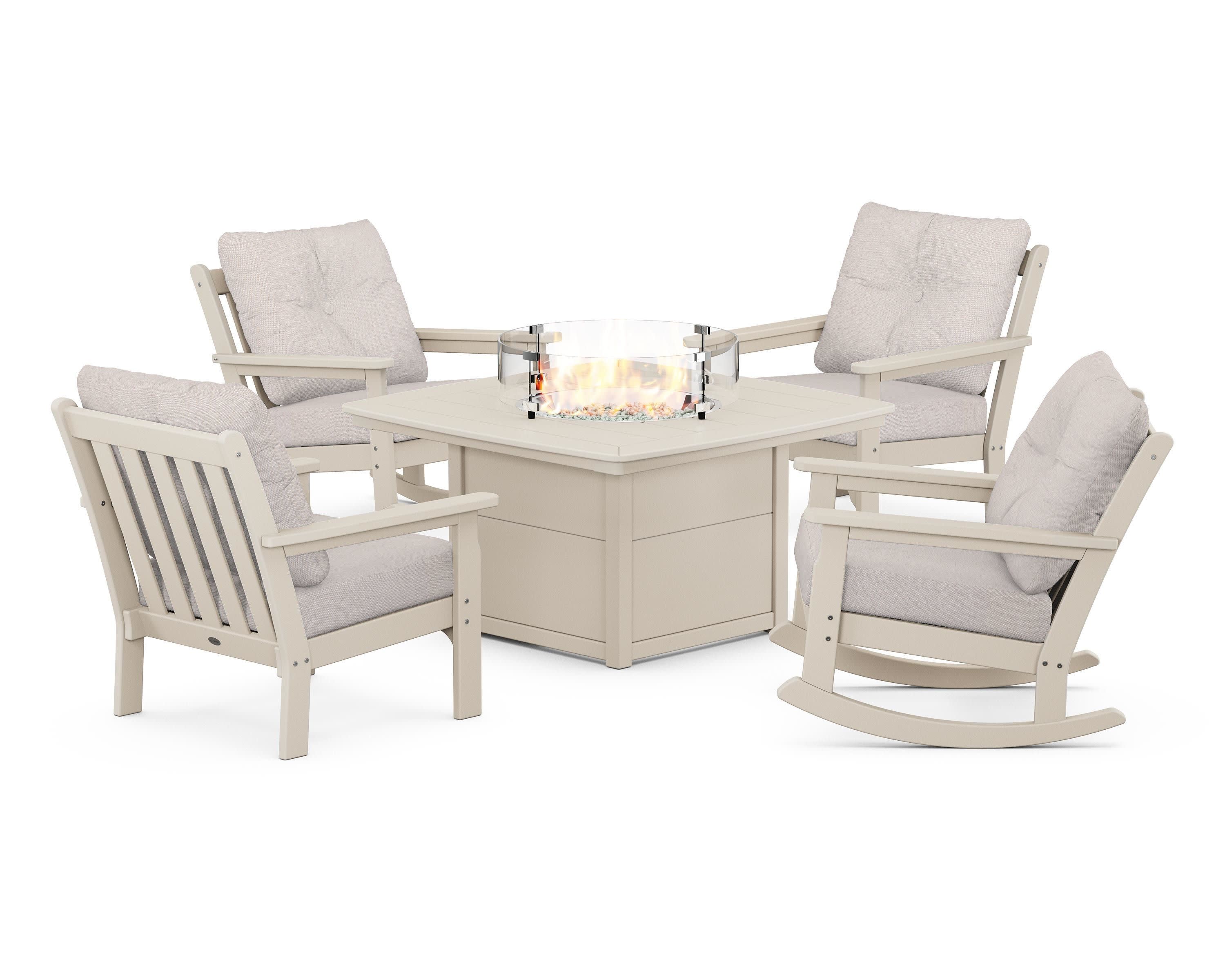 Vineyard 5-Piece Deep Seating Rocking Chair Conversation Set with Fire Pit Table in Sand / Dune Burlap