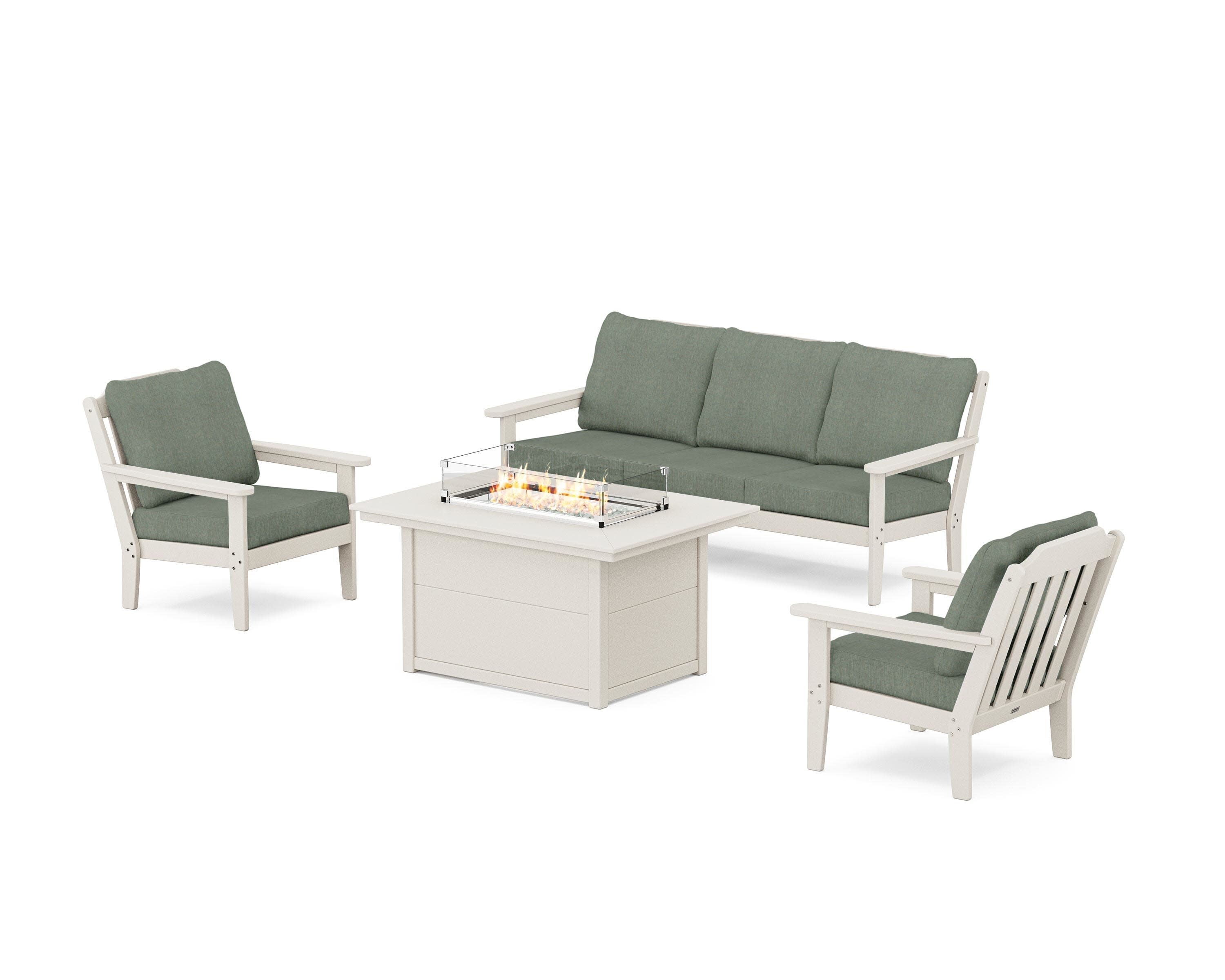 Cottage Deep Seating Fire Pit Table Set in Sand / Cast Sage