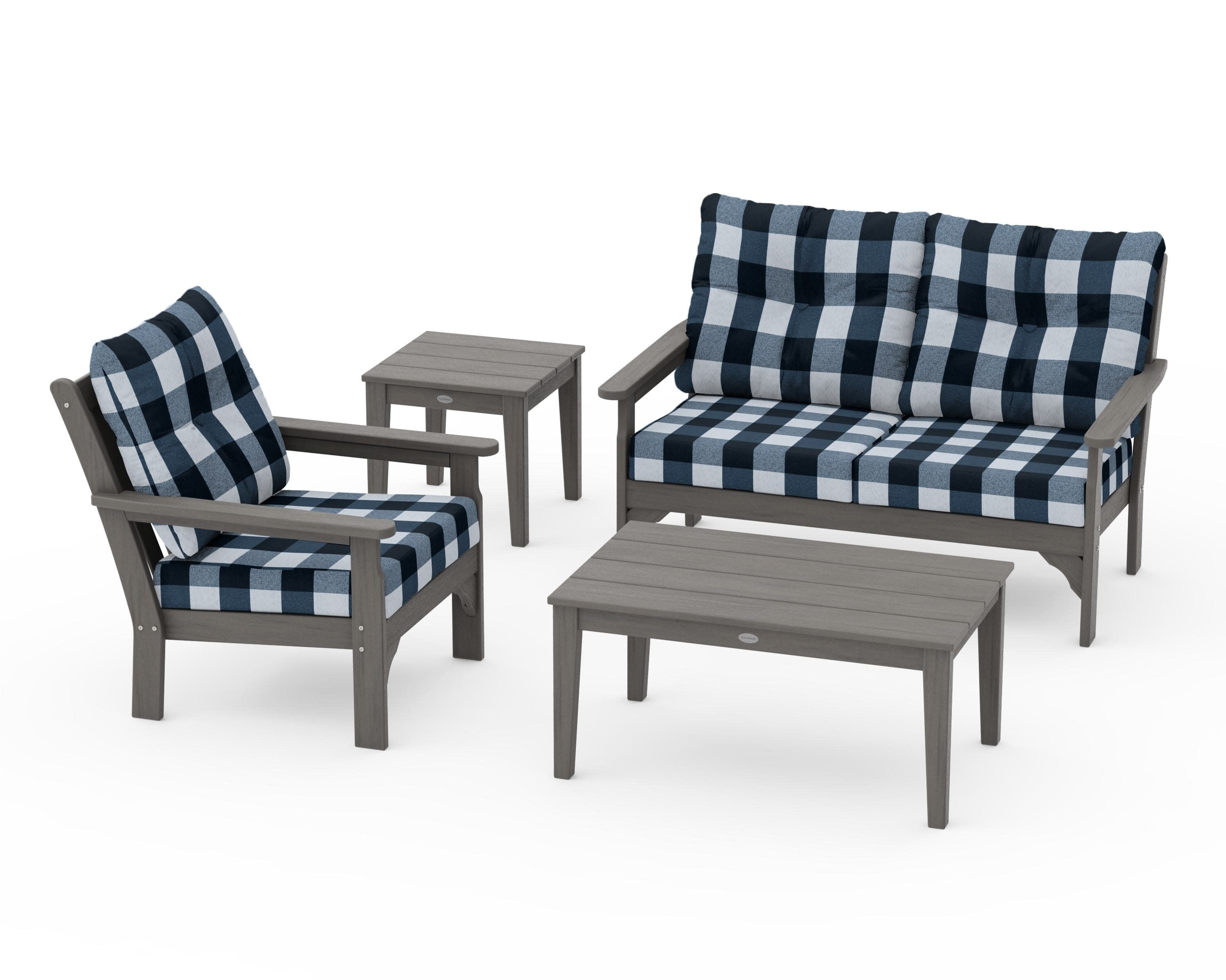 Vineyard 4-Piece Deep Seating Set in Driftwood / Buffalo Plaid Marine Indigo