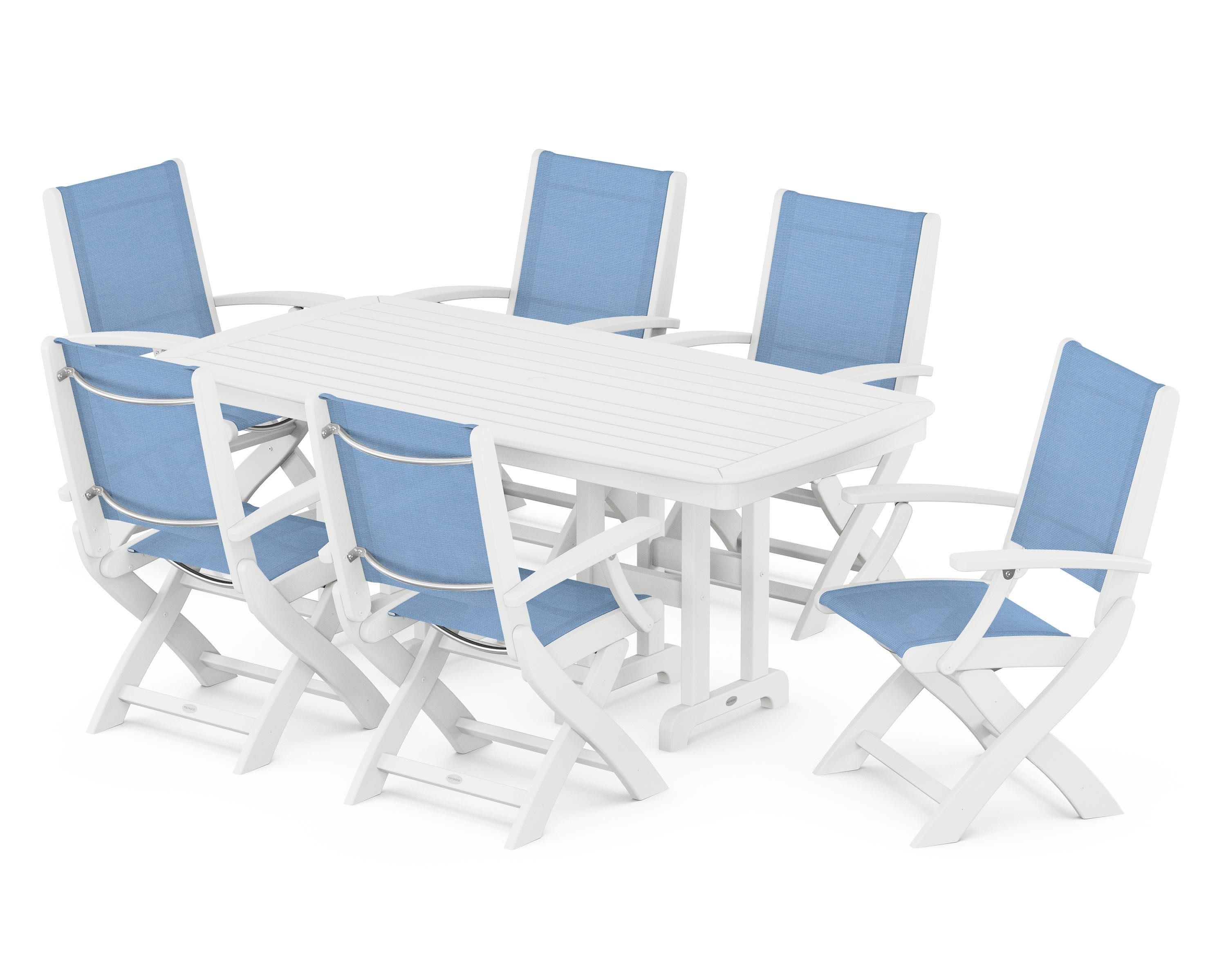 Coastal Folding Arm Chair 7-Piece Dining Set in White / Poolside Sling