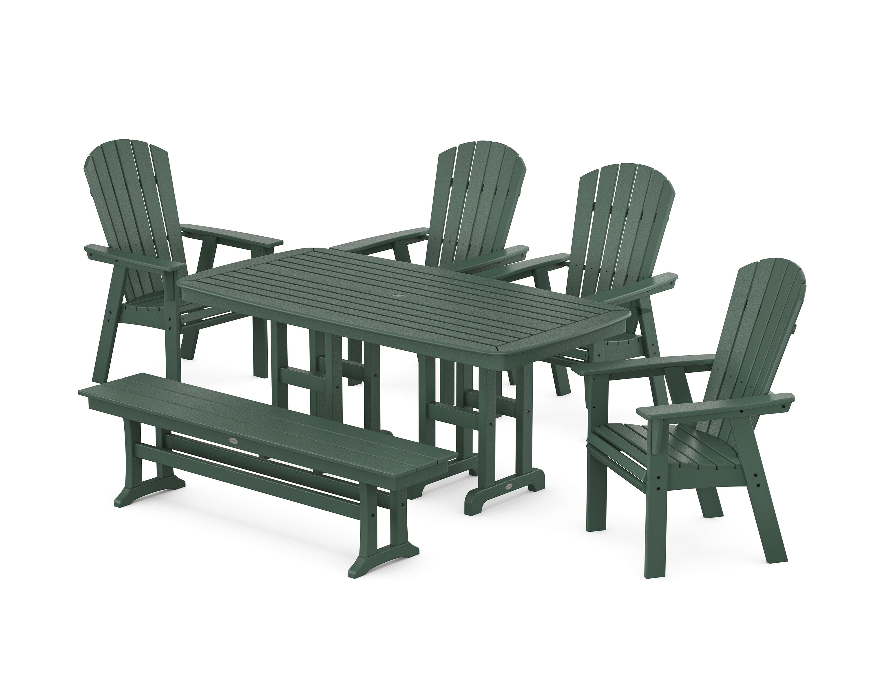 Nautical Curveback Adirondack 6-Piece Dining Set with Bench in Green