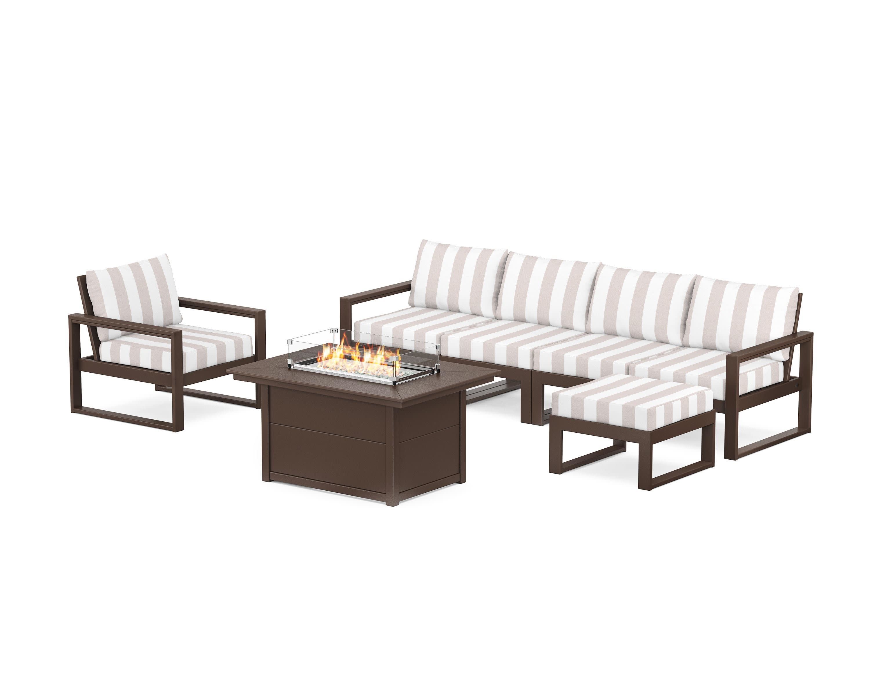 EDGE Sectional Lounge and Fire Pit Set in Mahogany / Cabana Stripe Dune Burlap