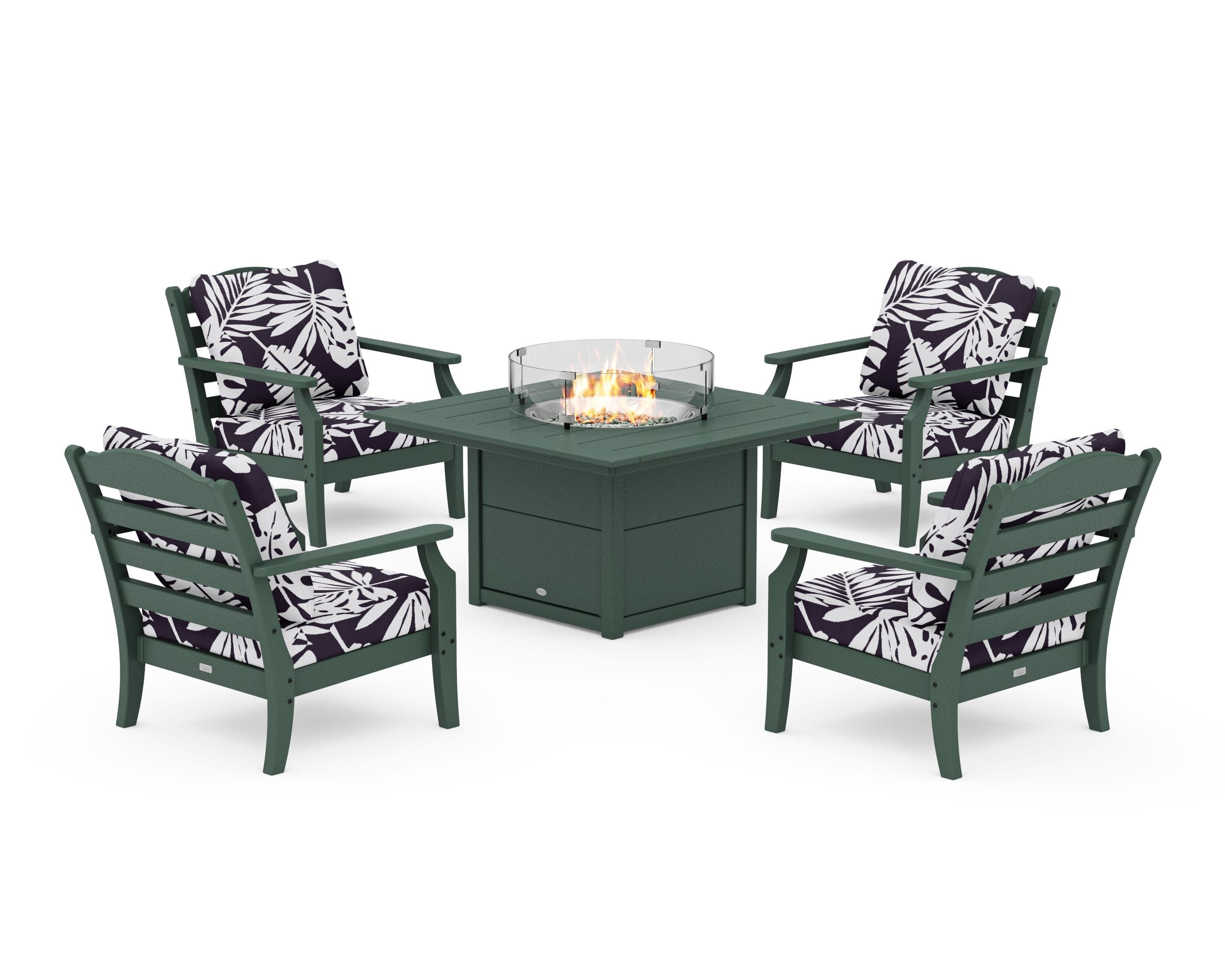 Savannah 5-Piece Deep Seating Set with Fire Pit Table in Green / Leaf Navy