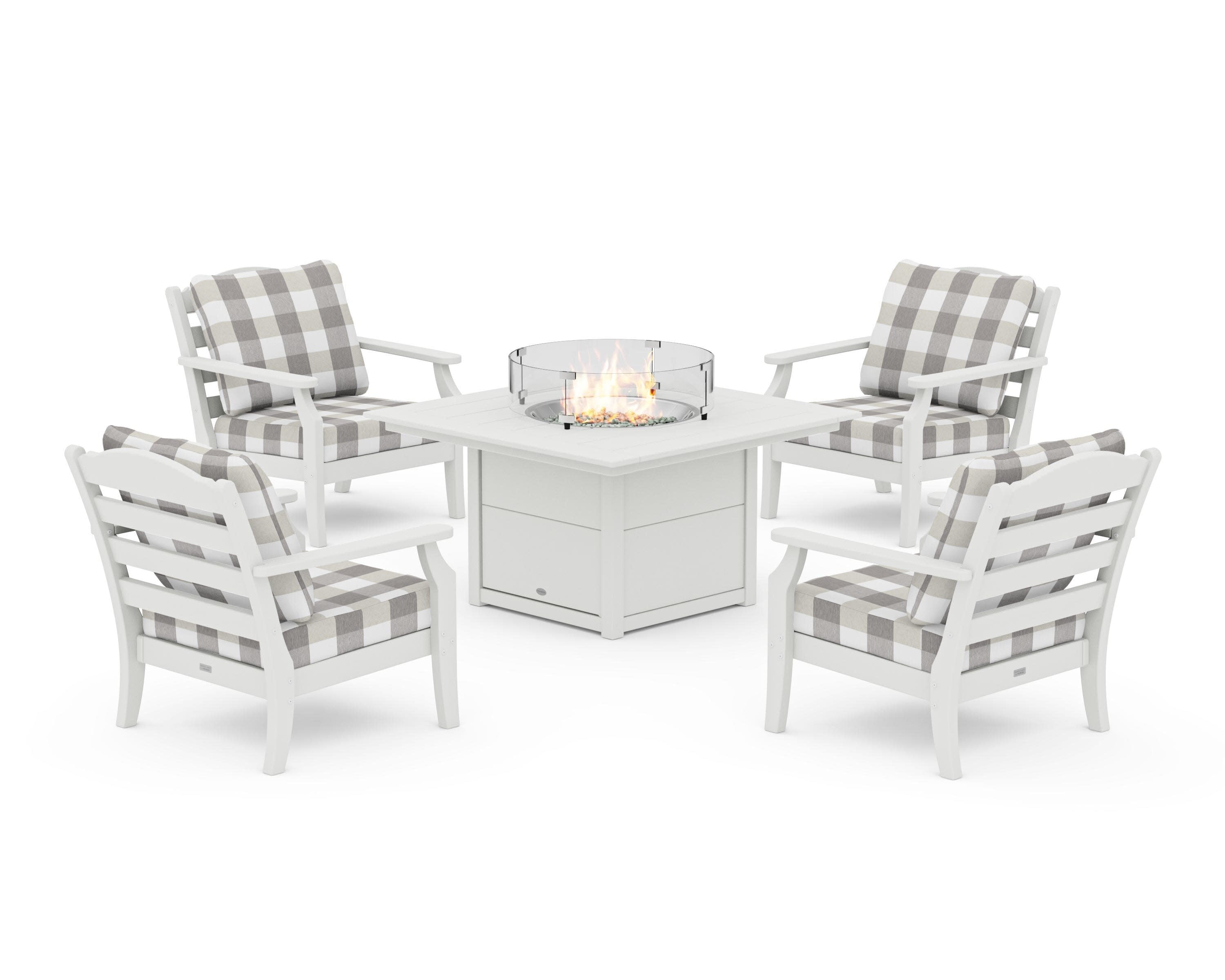 Savannah 5-Piece Deep Seating Set with Fire Pit Table in Vintage White / Buffalo Plaid Grey Mist