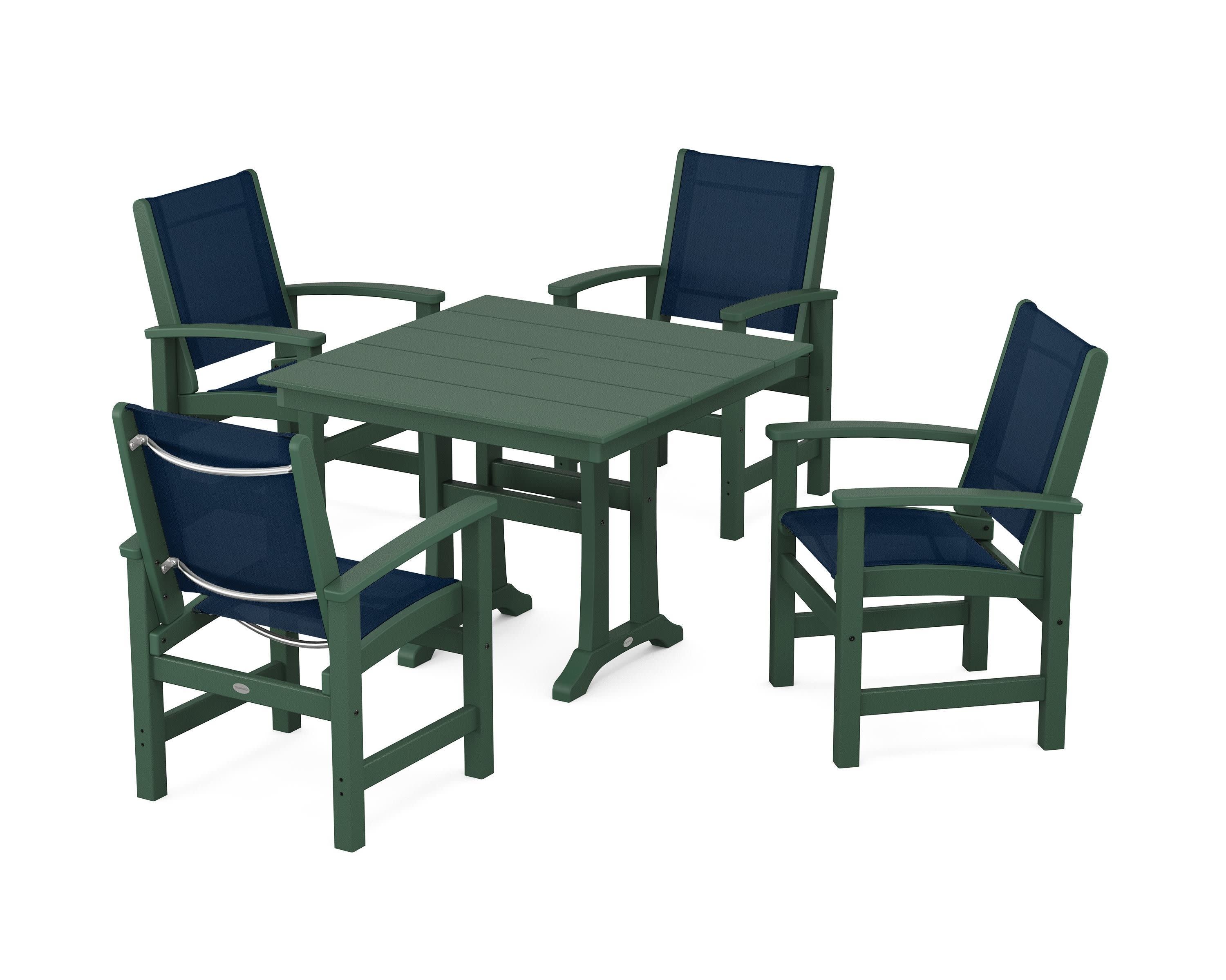 Coastal 5-Piece Farmhouse Dining Set With Trestle Legs in Green / Navy Blue Sling