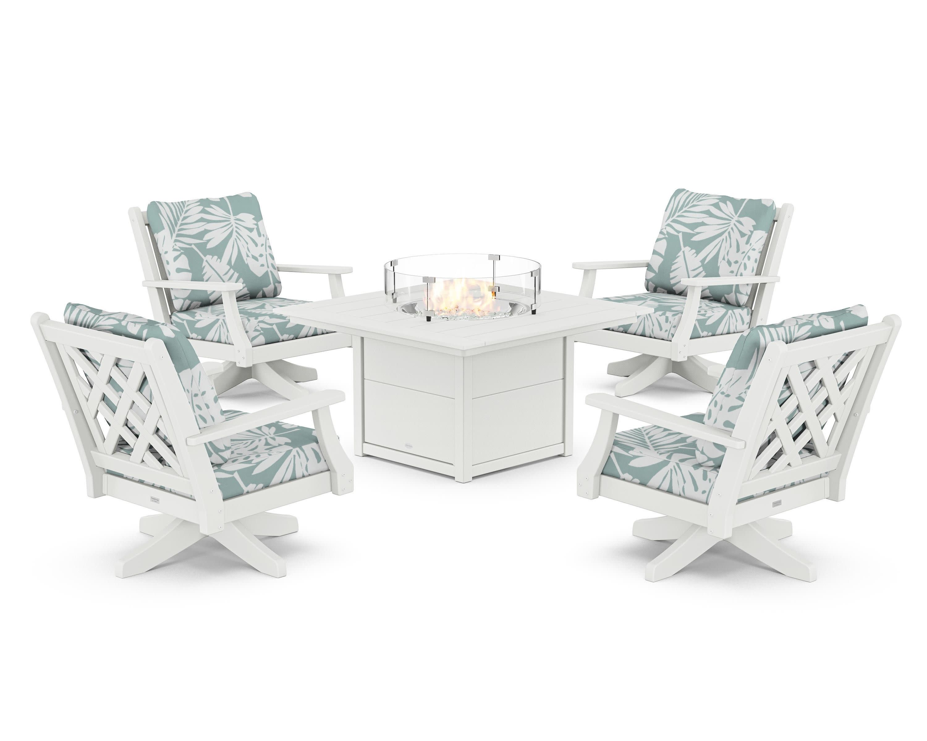 Wovendale 5-Piece Deep Seating Swivel Conversation Set with Fire Pit Table in White / Leaf Glacier Spa