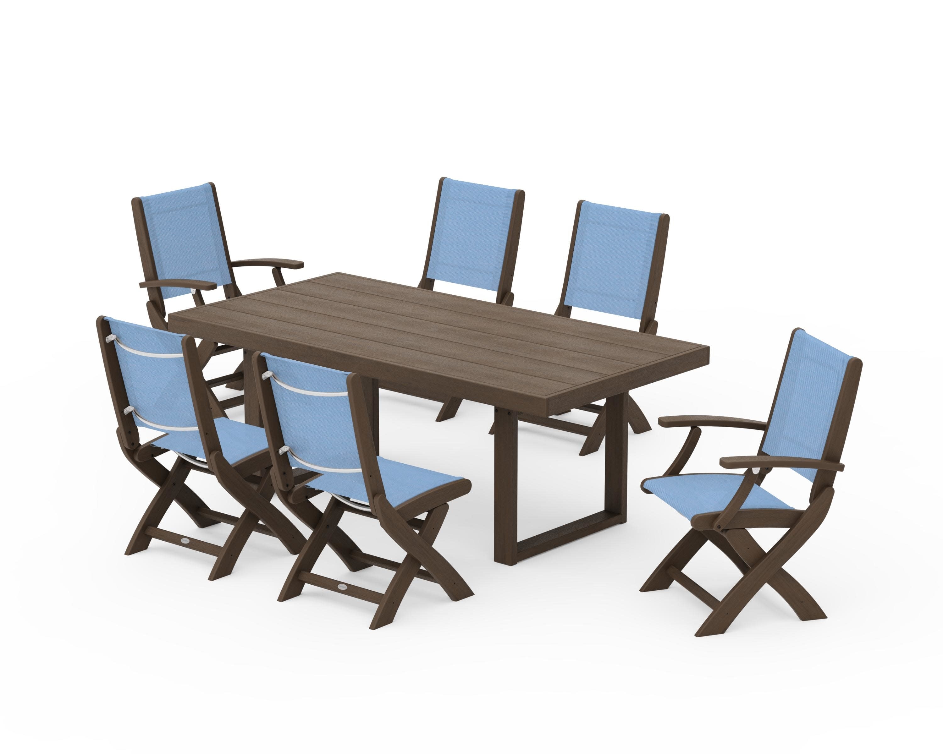 Coastal Folding Chair 7-Piece Dining Set with Trestle Legs in Kona / Poolside Sling