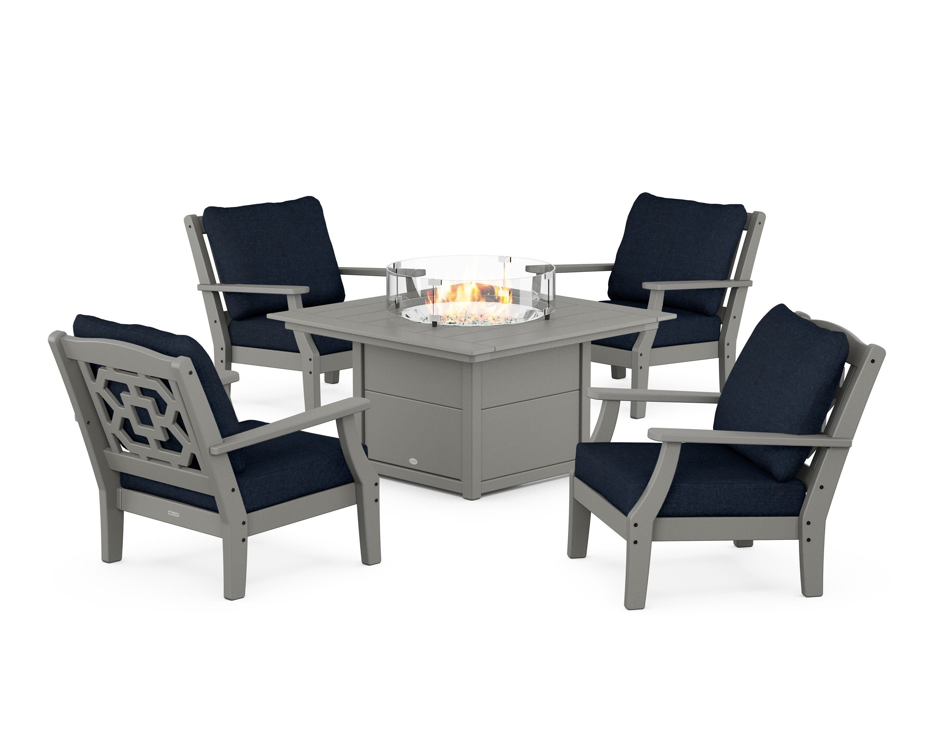 Chinoiserie 5-Piece Deep Seating Set with Fire Pit Table in Slate Grey / Marine Indigo