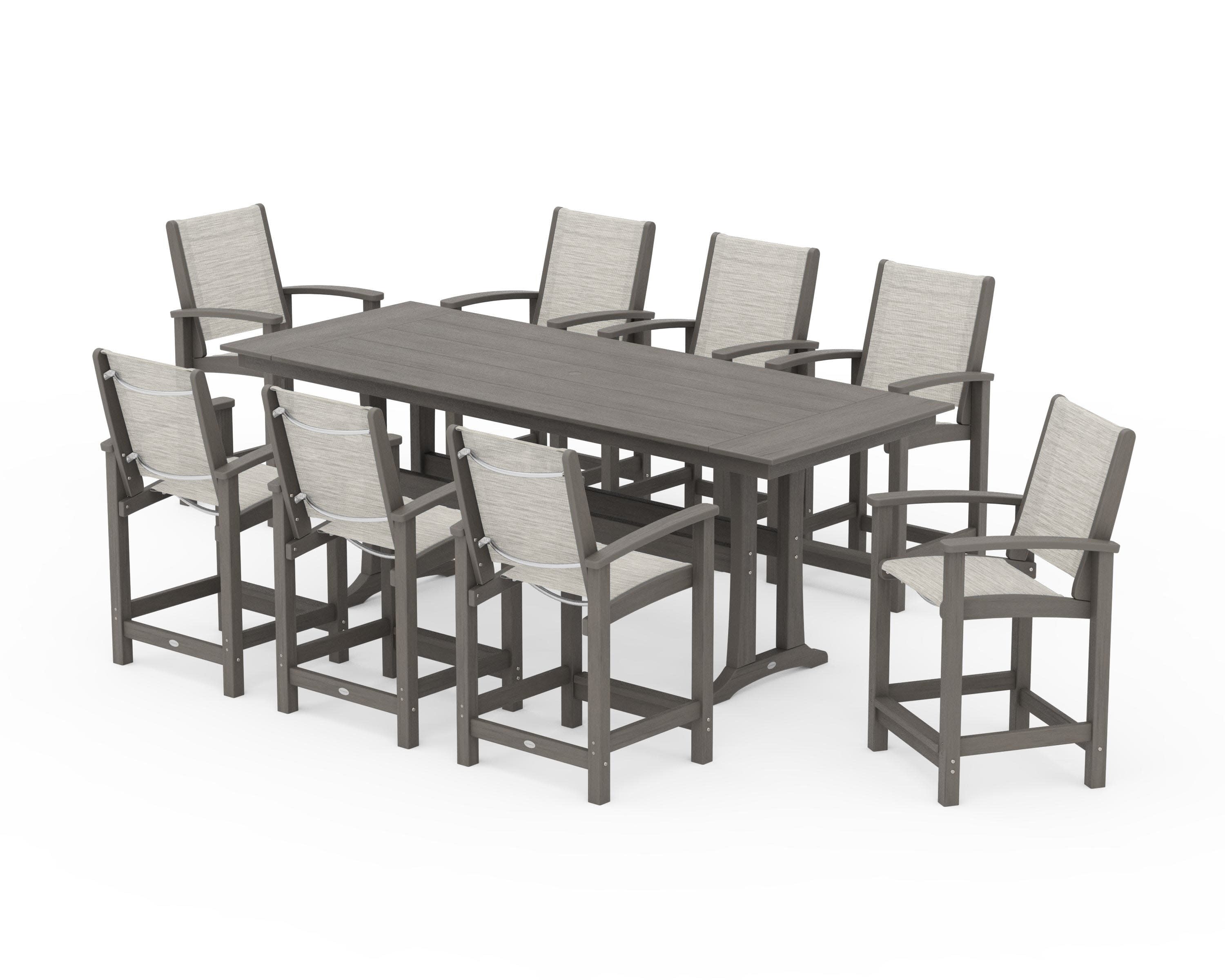 Coastal 9-Piece Farmhouse Counter Set with Trestle Legs in Driftwood / Birch Sling