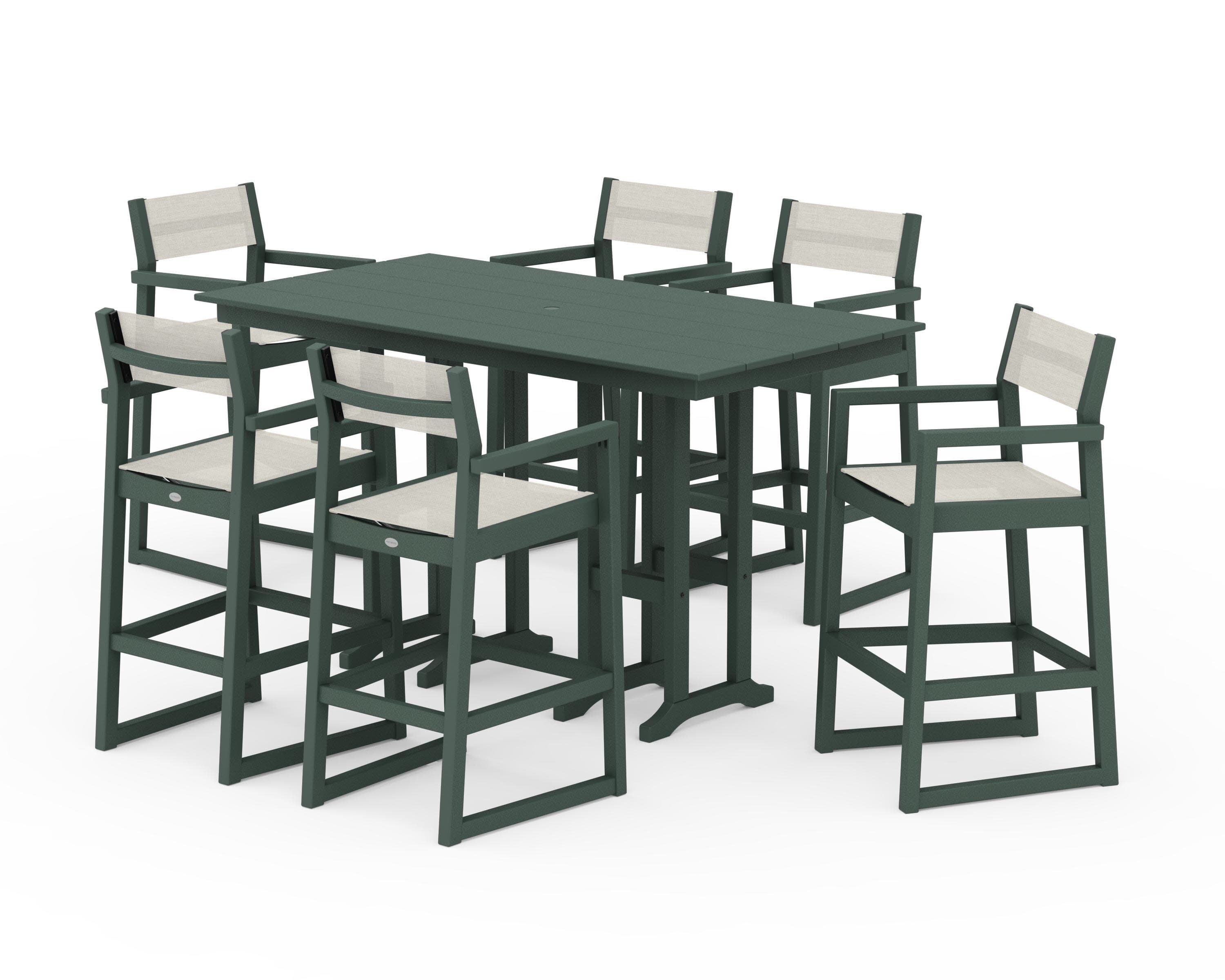 EDGE Sling Arm Chair 7-Piece Farmhouse Bar Set in Green / Parchment Sling