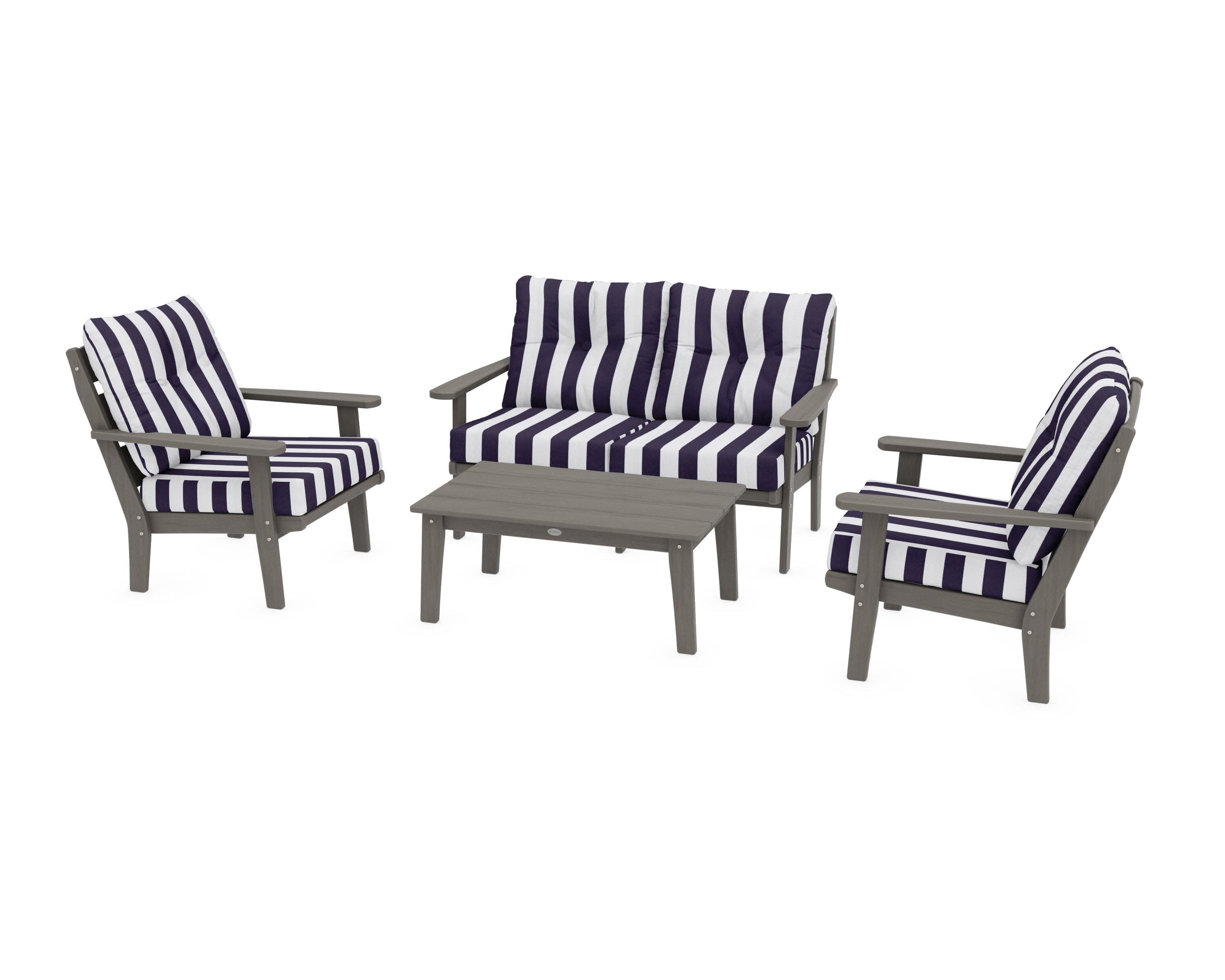 Lakeside 4-Piece Deep Seating Set in Driftwood / Cabana Stripe Navy