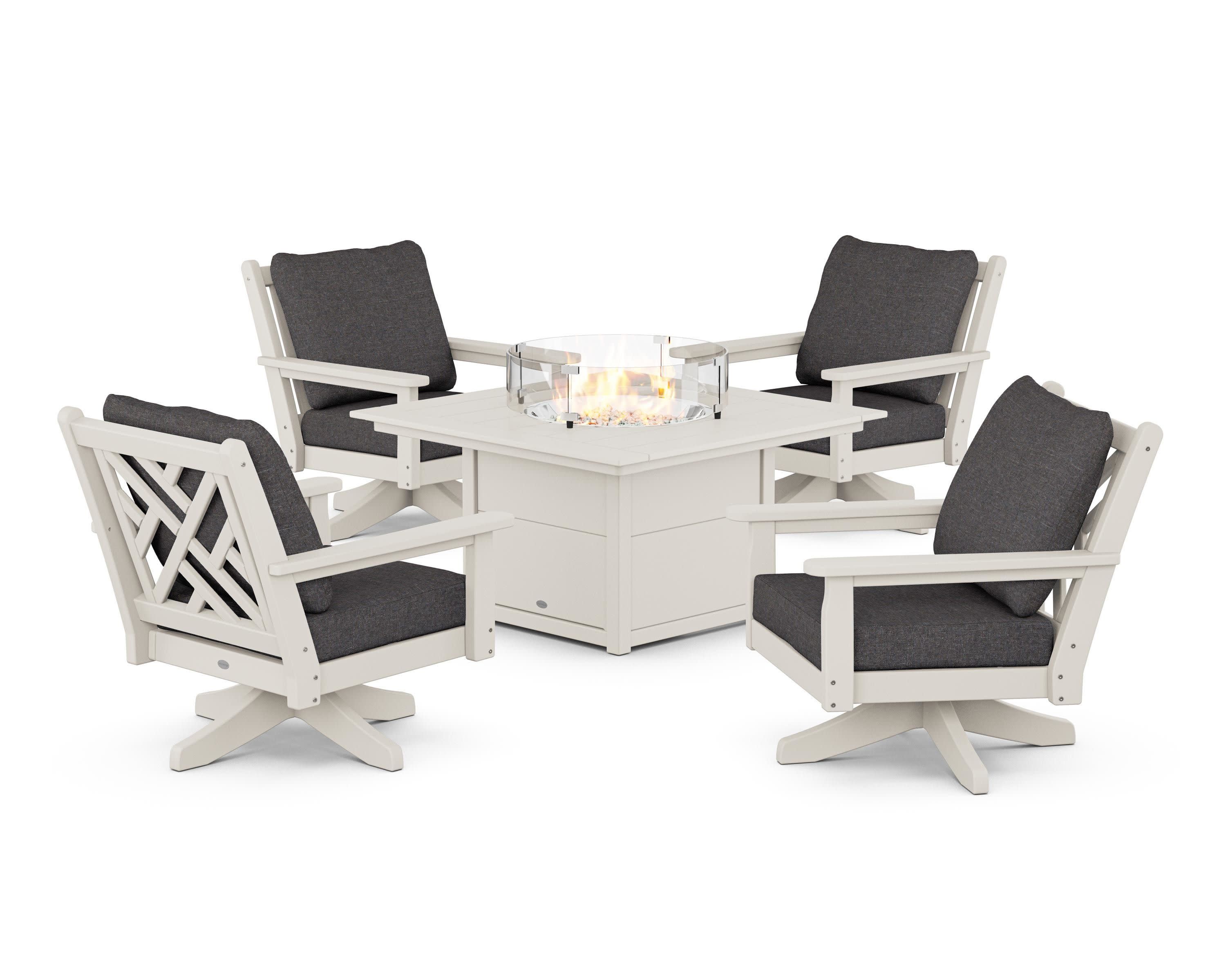 Chippendale 5-Piece Deep Seating Swivel Conversation Set with Fire Pit Table in Sand / Ash Charcoal