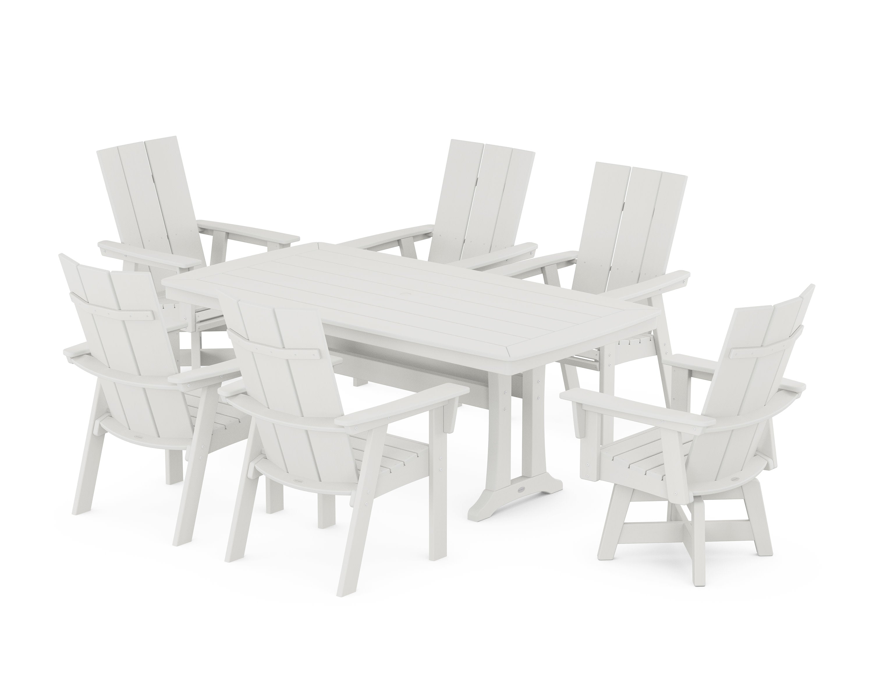 Modern Adirondack Swivel Chair 7-Piece Dining Set with Trestle Legs in Vintage White
