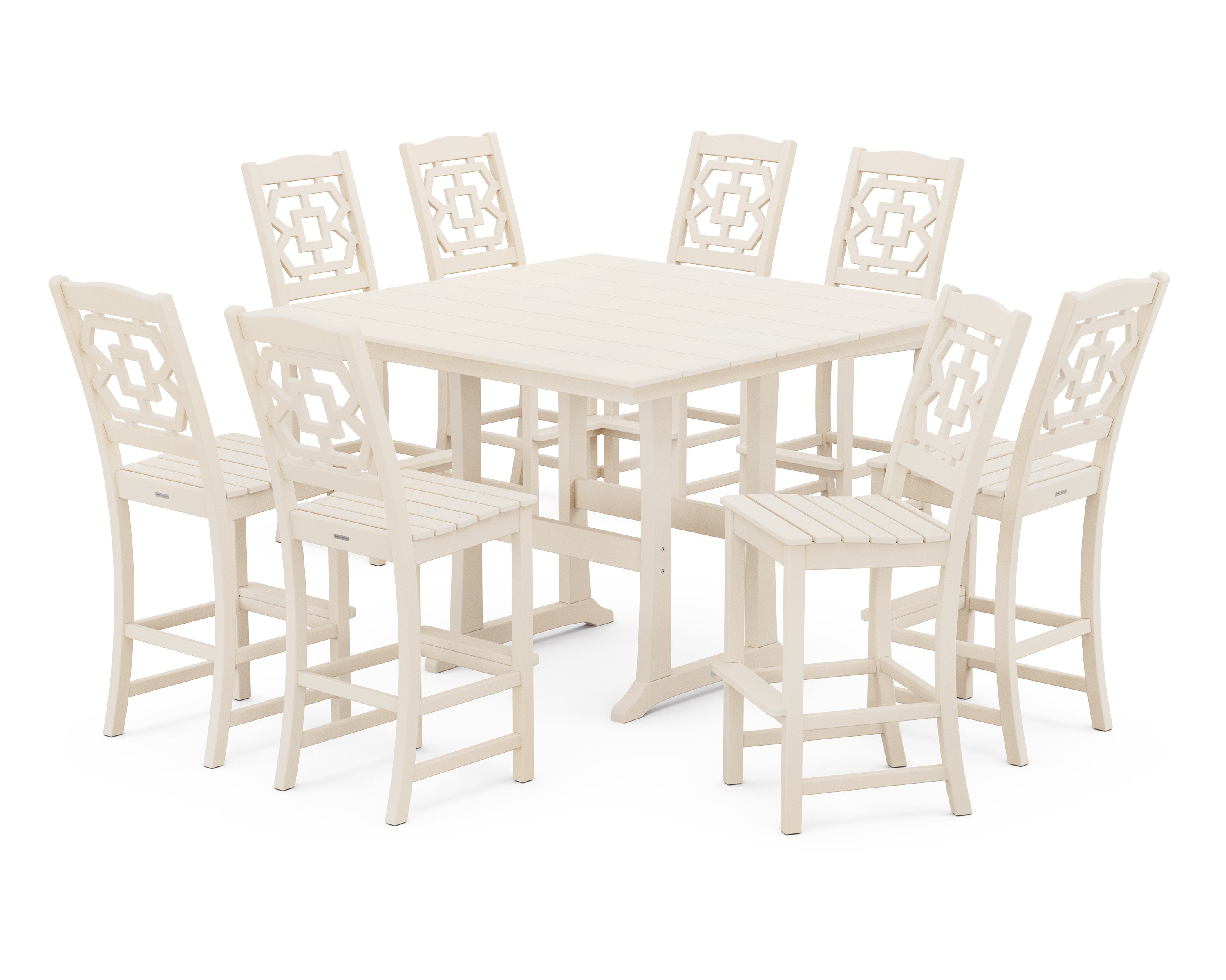 Chinoiserie 9-Piece Square Farmhouse Side Chair Bar Set with Trestle Legs in Sand