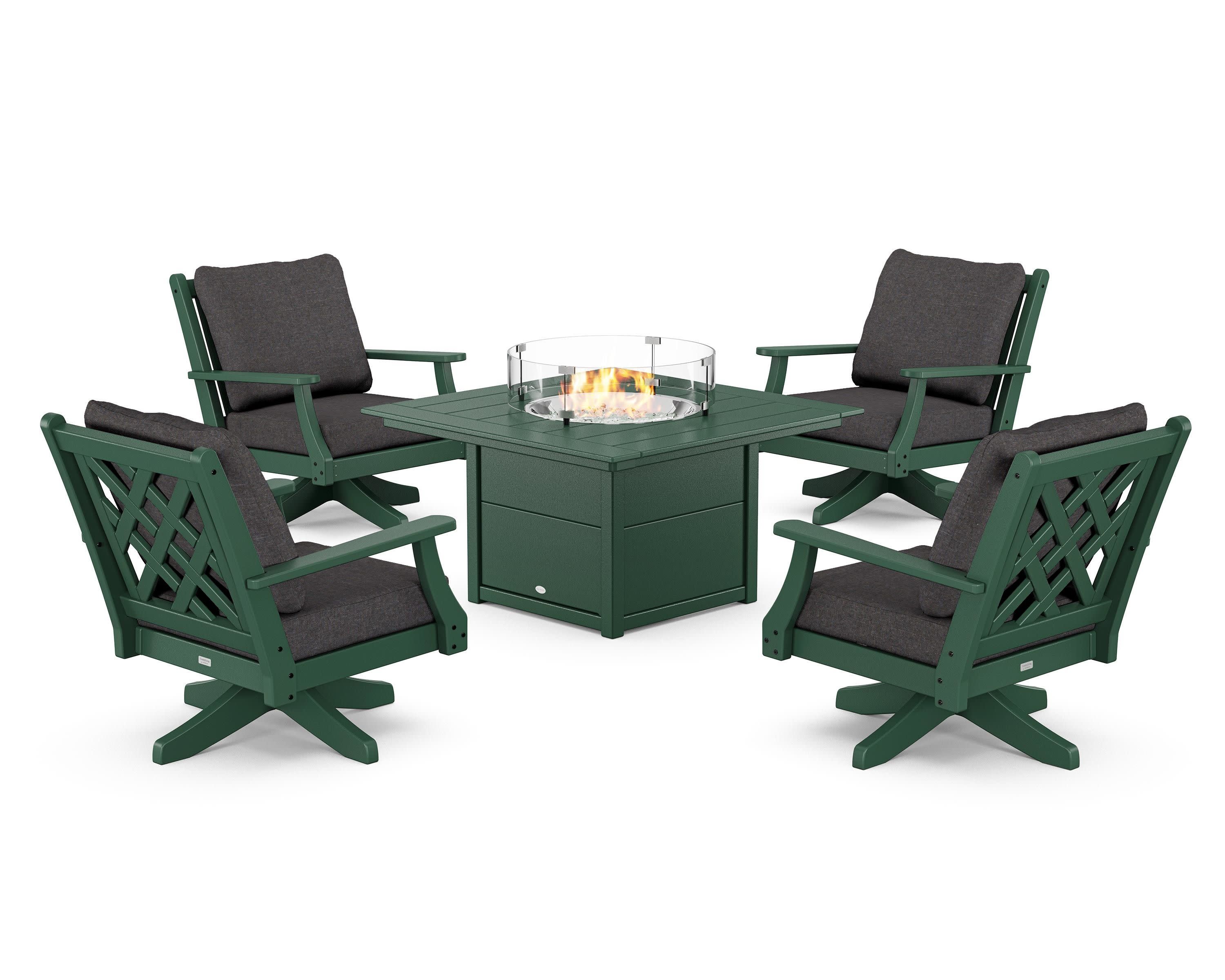 Wovendale 5-Piece Deep Seating Swivel Conversation Set with Fire Pit Table in Green / Ash Charcoal