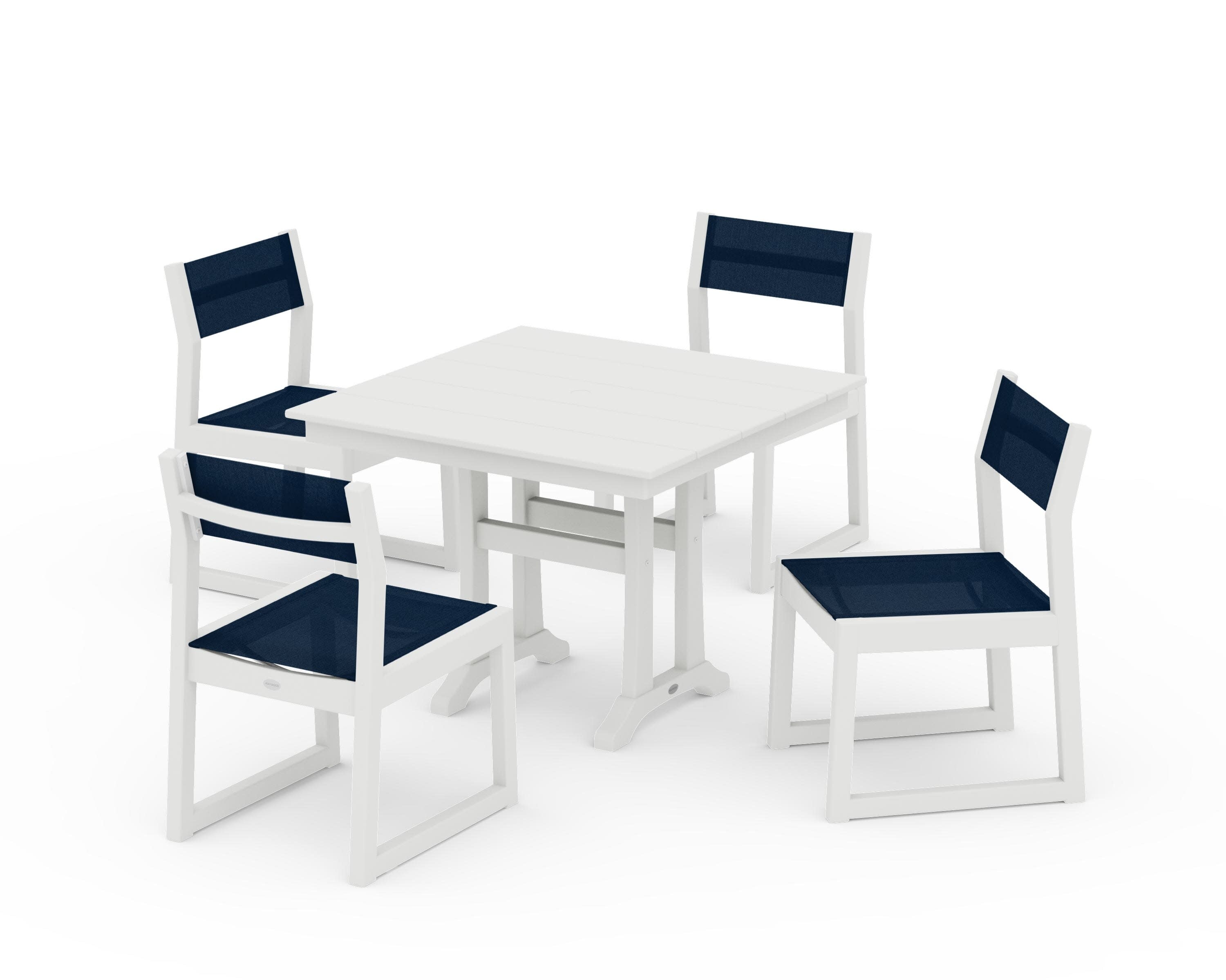 EDGE Sling 5-Piece Farmhouse Trestle Side Chair Dining Set in Vintage White / Navy Blue Sling