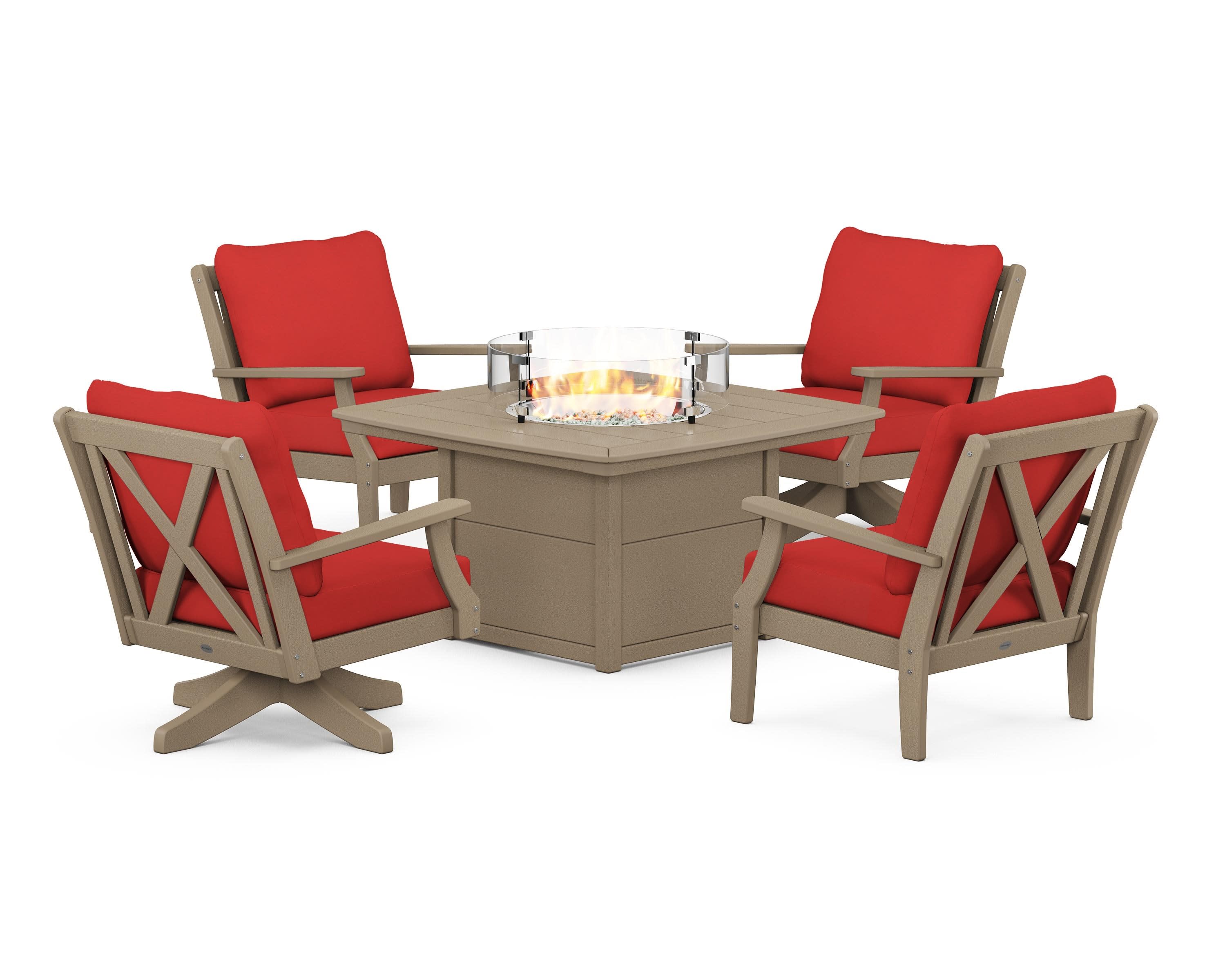 Braxton 5-Piece Deep Seating Set with Fire Table in Vintage Sahara / Crimson Linen