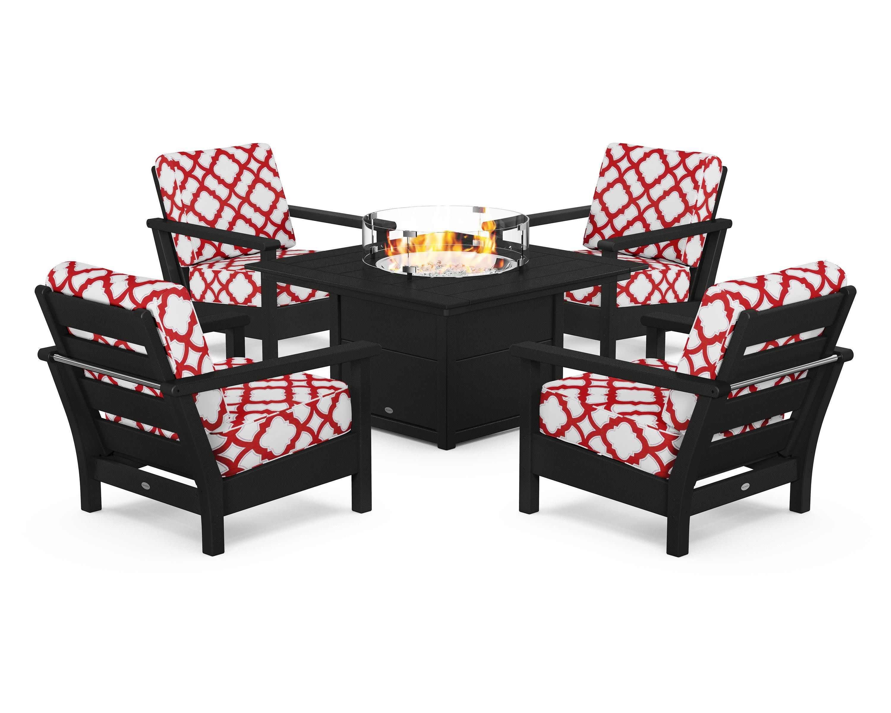 Harbour 5-Piece Conversation Set with Fire Pit Table in Black / Trellis Crimson